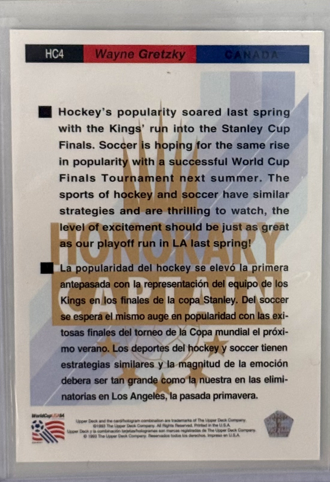 1993 Wayne Gretzky FIFA World Cup '94 USA Hononary Captain Canada Upper Deck #HC4