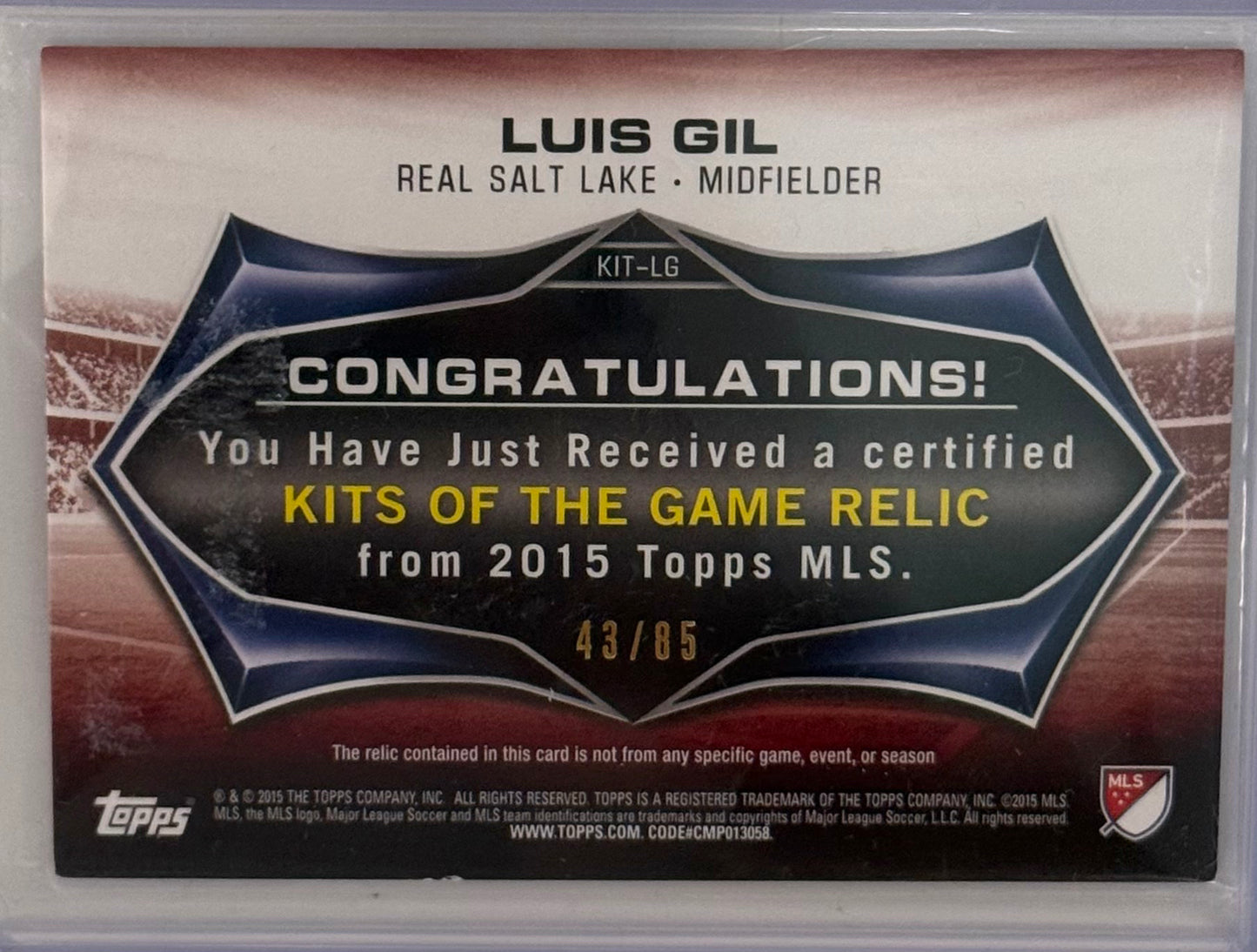 2015 Luis Gil Real Salt Lake Topps Game Used Memorabilia Limited 43/85 KIT-LG