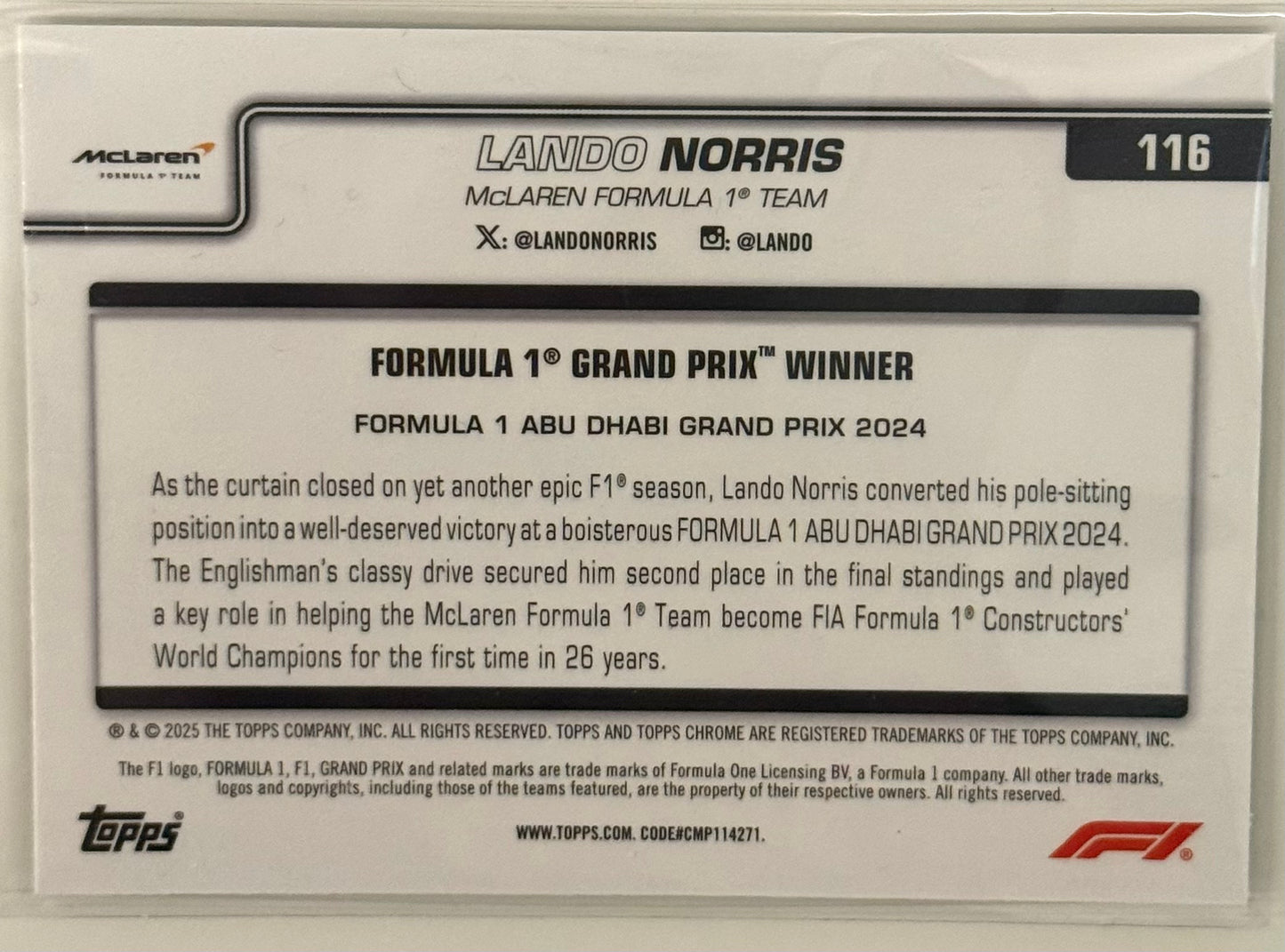 2025 GP Winner Lando Norris McLaren #116 - Topps Chrome Formula 1 F1