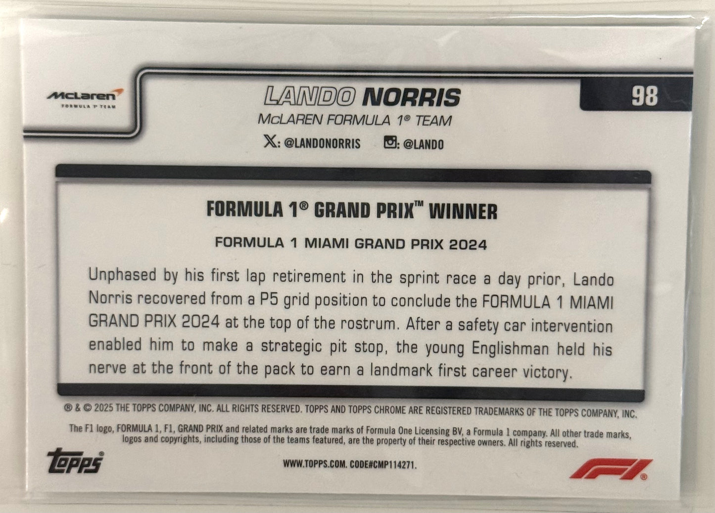 2025 Lando Norris Refractor #98 - Topps Chrome Formula 1 F1