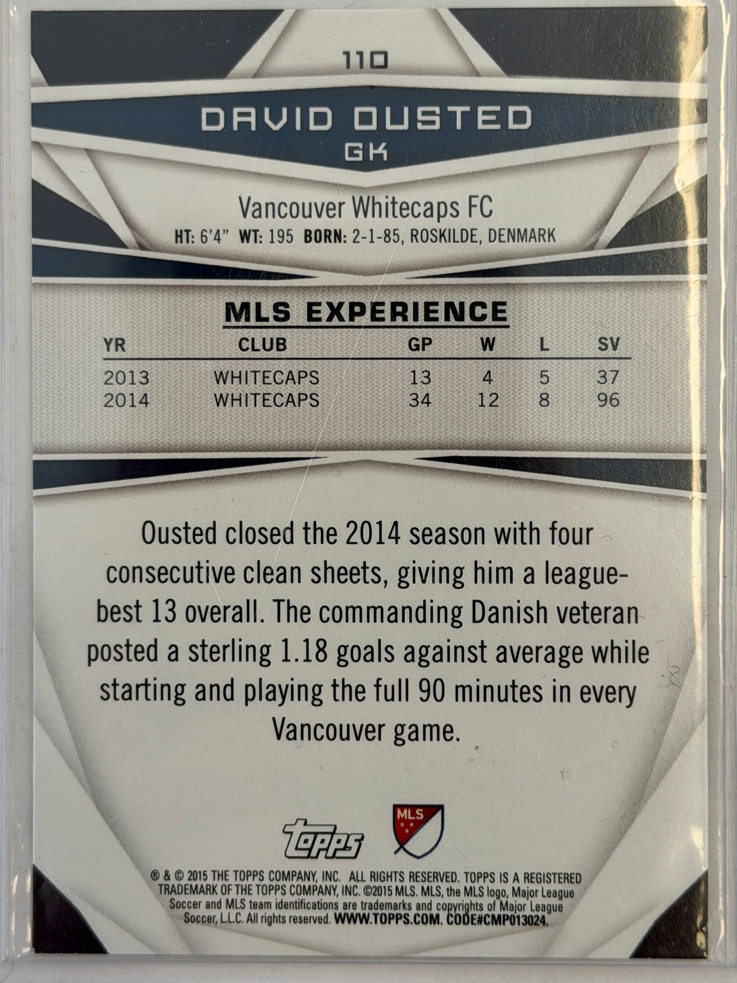 David Ousted Former Whitecaps Topps 2015 #110 Autographed - Signed at Pooni Group
