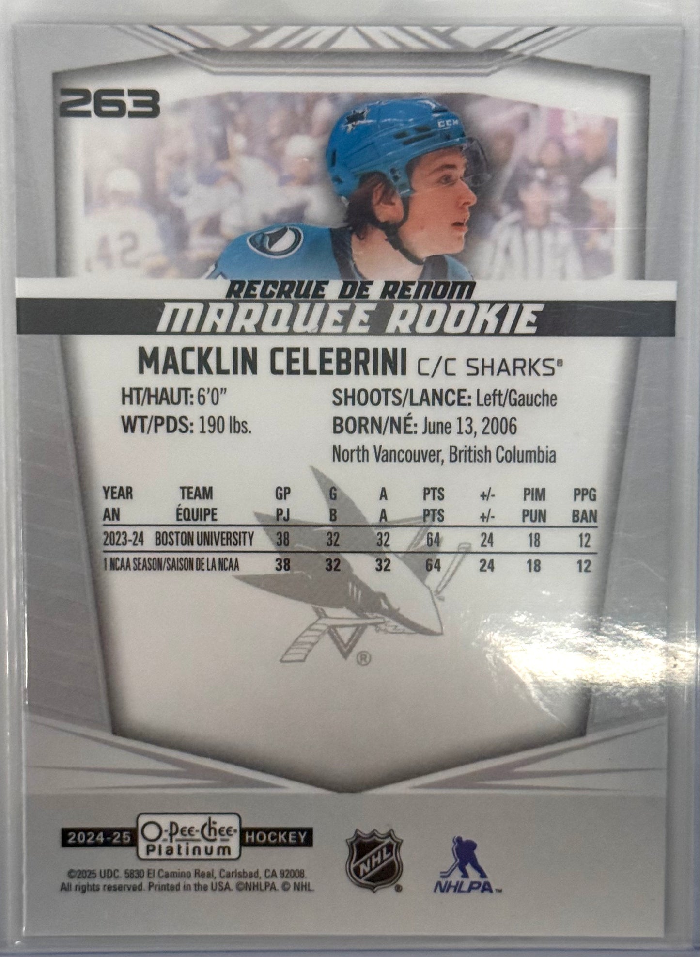 Macklin Celebrini Marquee Rookie #263 2024-25 O-Pee-Chee Platinum