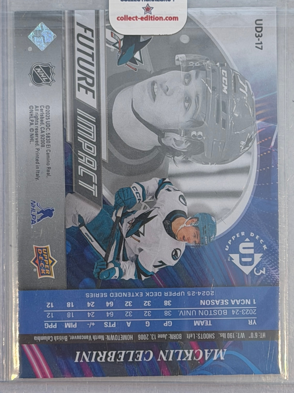 Macklin Celebrini 2025 Upper Deck Future Impact UD3-17