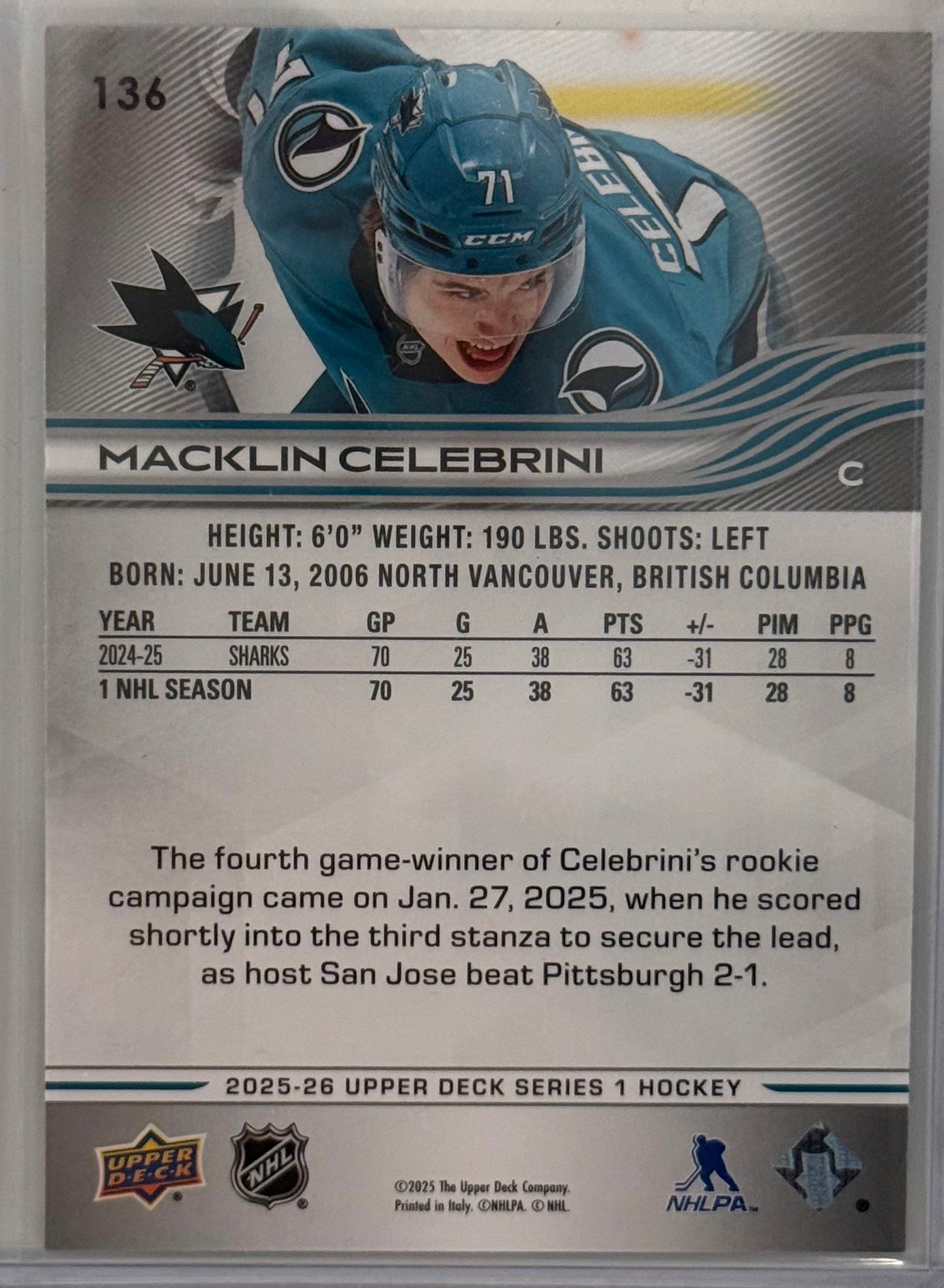 2025-26 UD Series 1 Hockey Macklin Celebrini #136