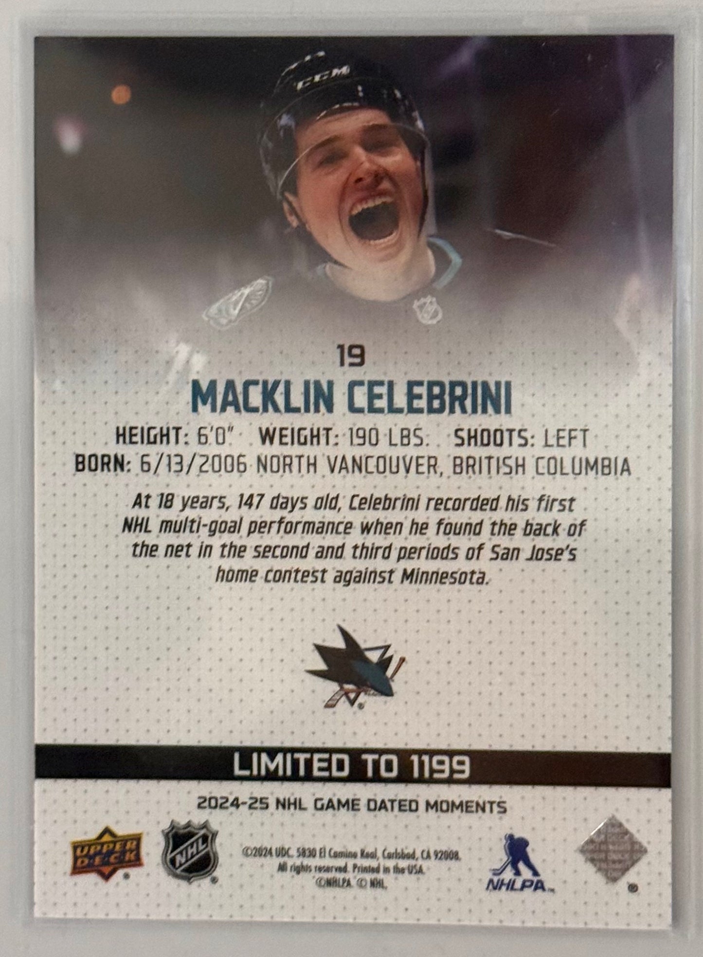 2024-25 Upper Deck Game Dated Moments /1199 Macklin Celebrini #19 Rookie RC