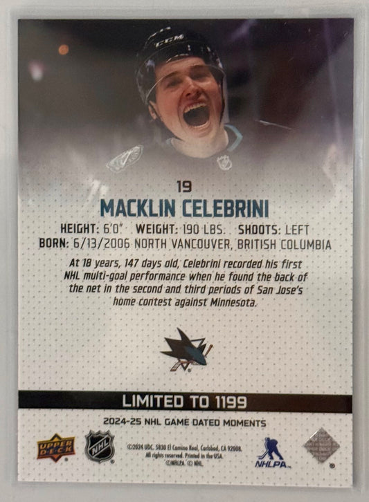 2024-25 Upper Deck Game Dated Moments /1199 Macklin Celebrini #19 Rookie RC