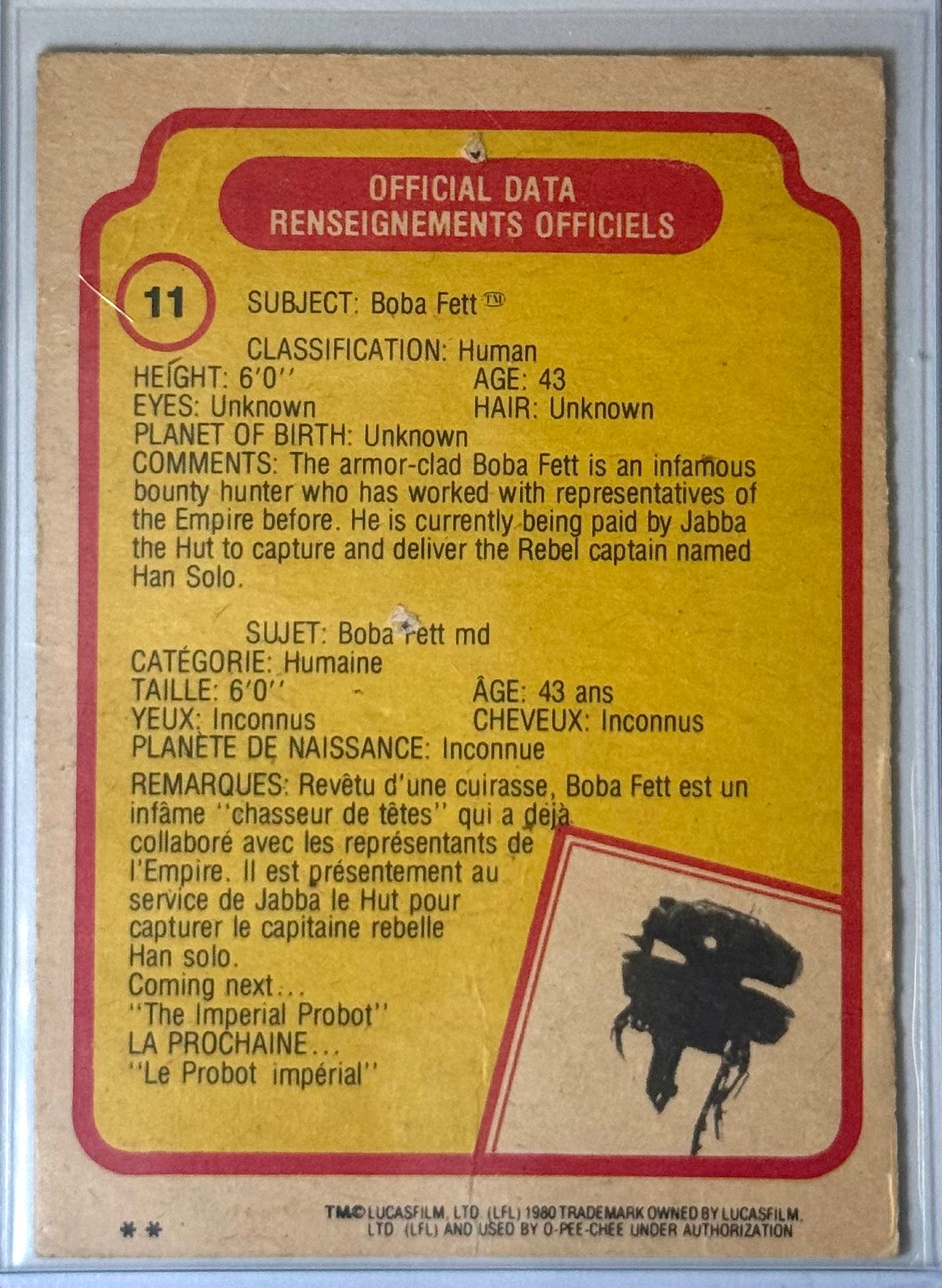 Boba Fett Empire Strikes Back Official Data #11 1980