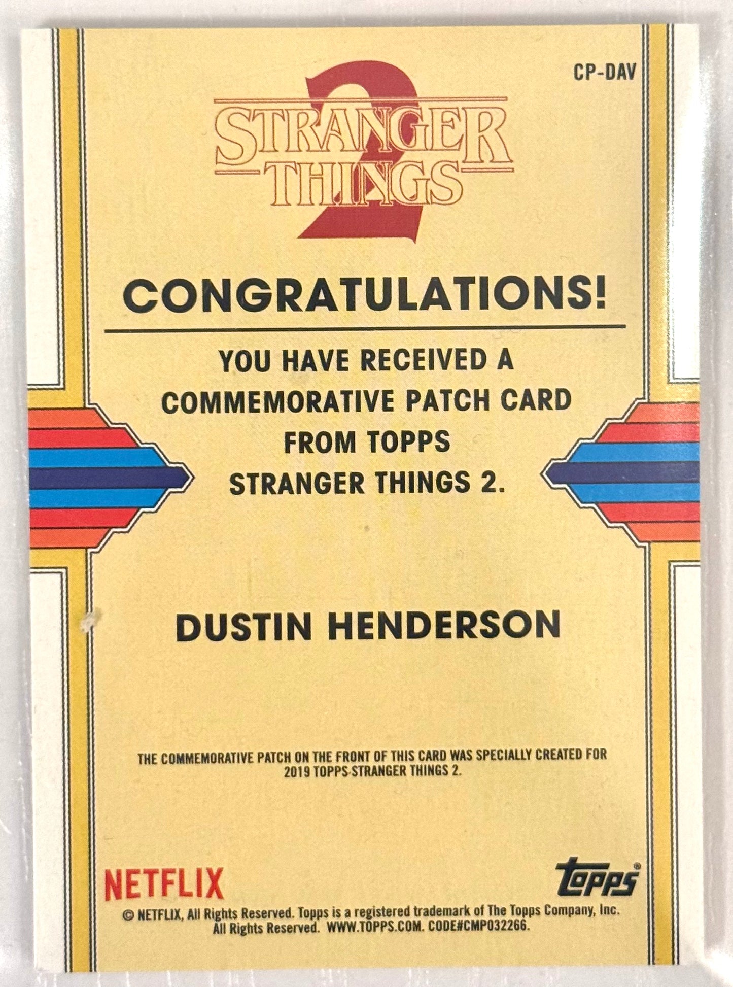2019 Topps Stranger Things 2 #CP-DAV Dustin Henderson AV Club Patch