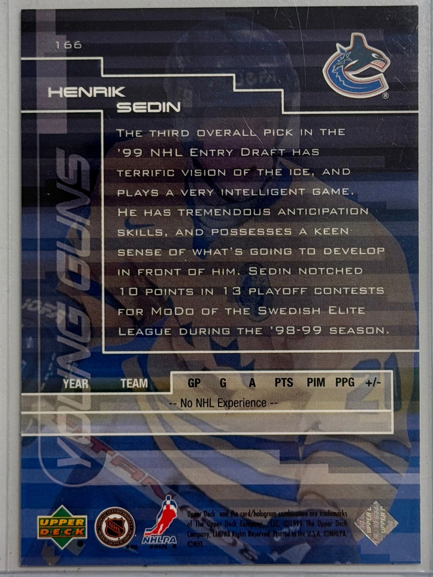 Henrik Sedin Upper Deck Young Guns Rookie #166 1999