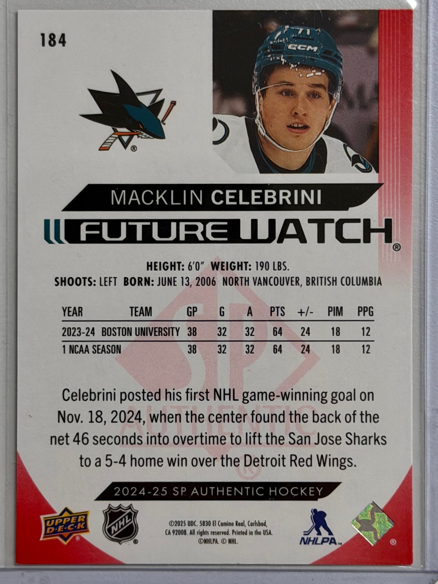 Macklin Celebrini Future Watch Red 2025
