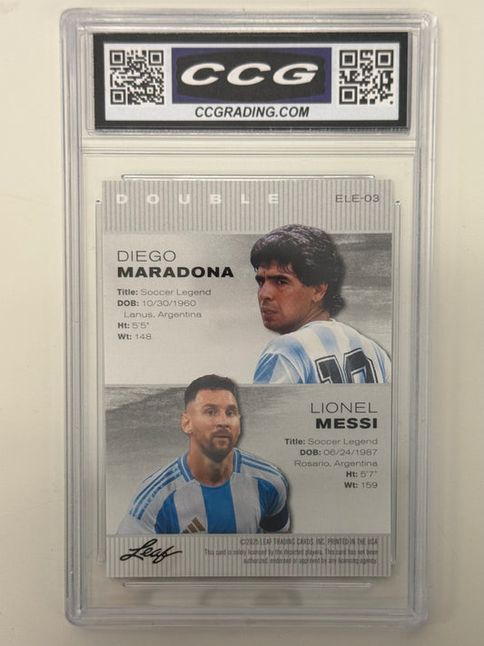 2025 Leaf Double Exclusive Legends Edition Diego Maradona / Lionel Messi #ELE-03 — CCG Gem Mint 10