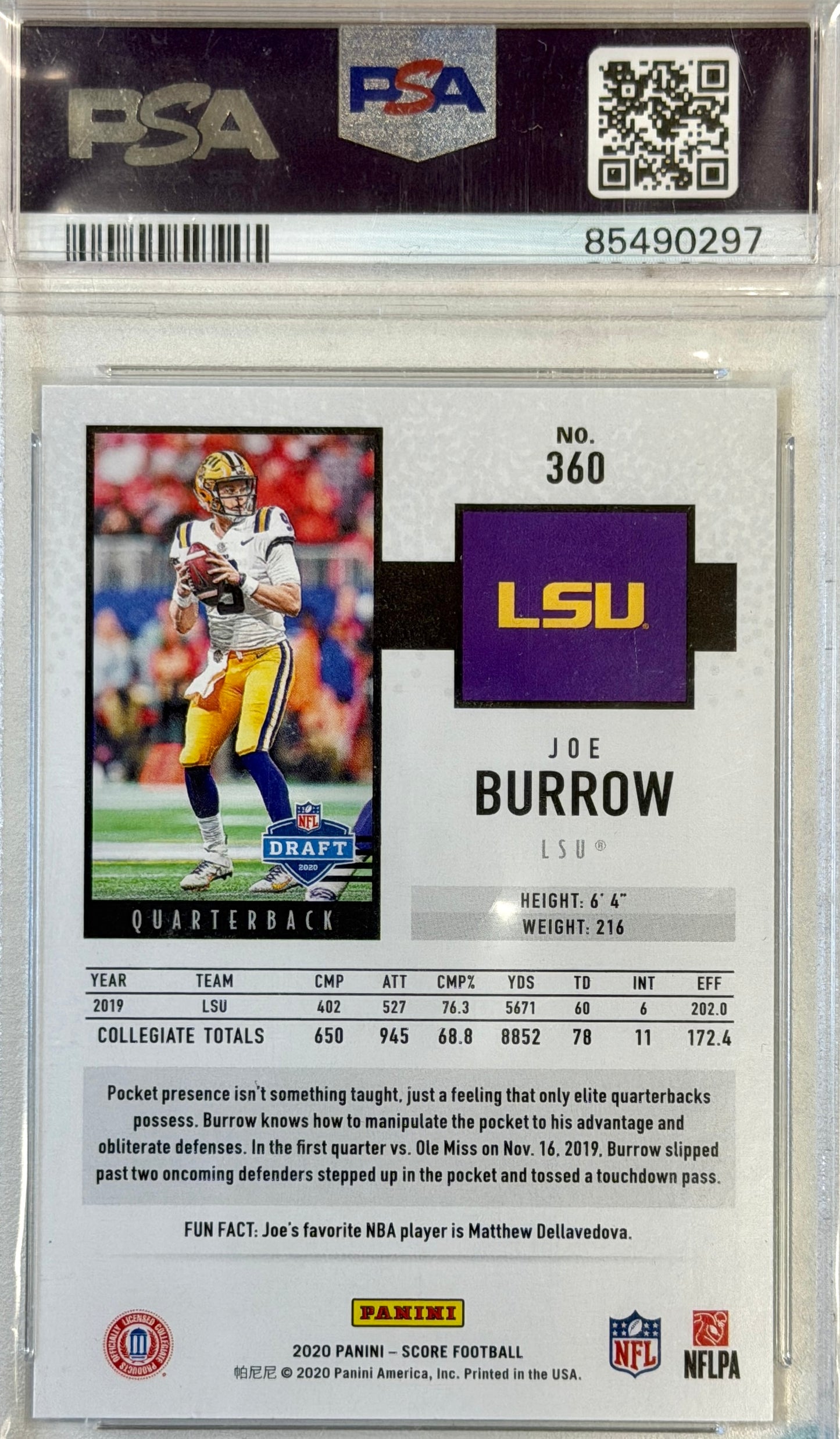 Joe Burrow Panini Score GEM MT 10 #360 2020
