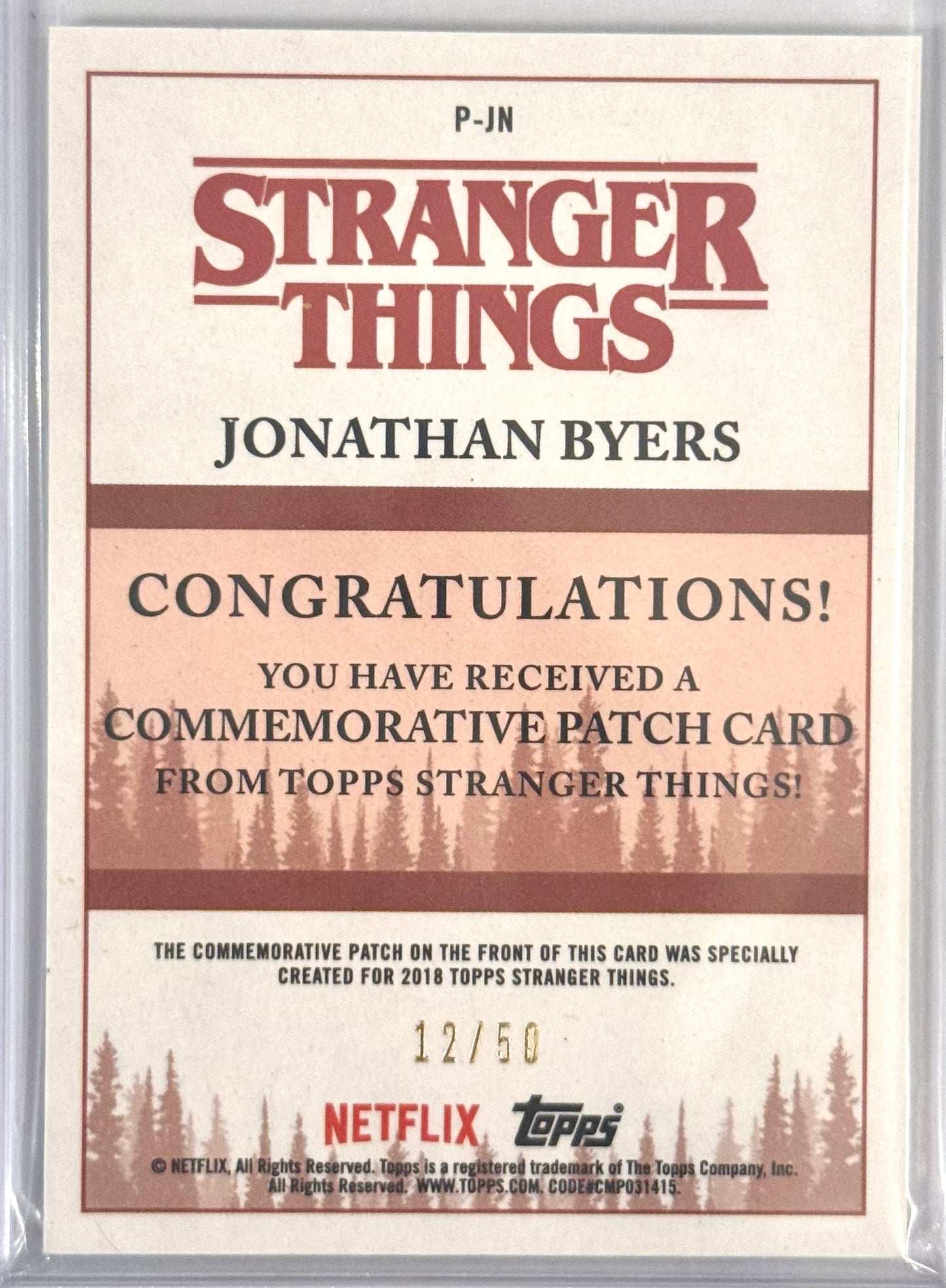 Green 12/50 2018 Topps Stranger Things Season 1 #P-JN Jonathan Byers Hawkins Patch