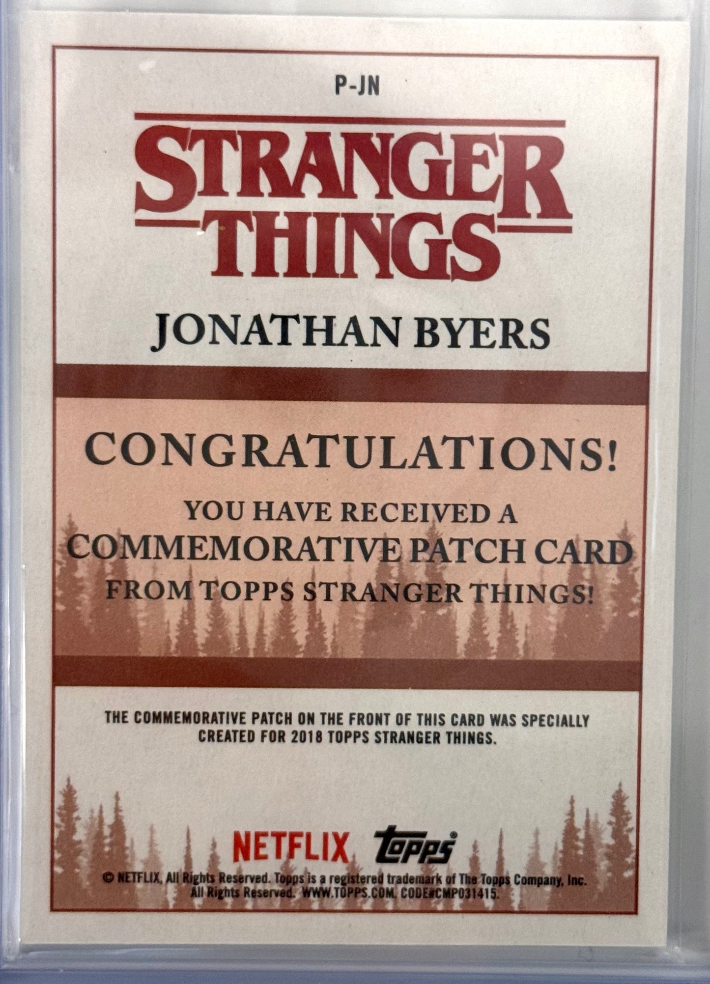 2018 Topps Stranger Things Season 1 #P-JN Jonathan Byers Hawkins Patch