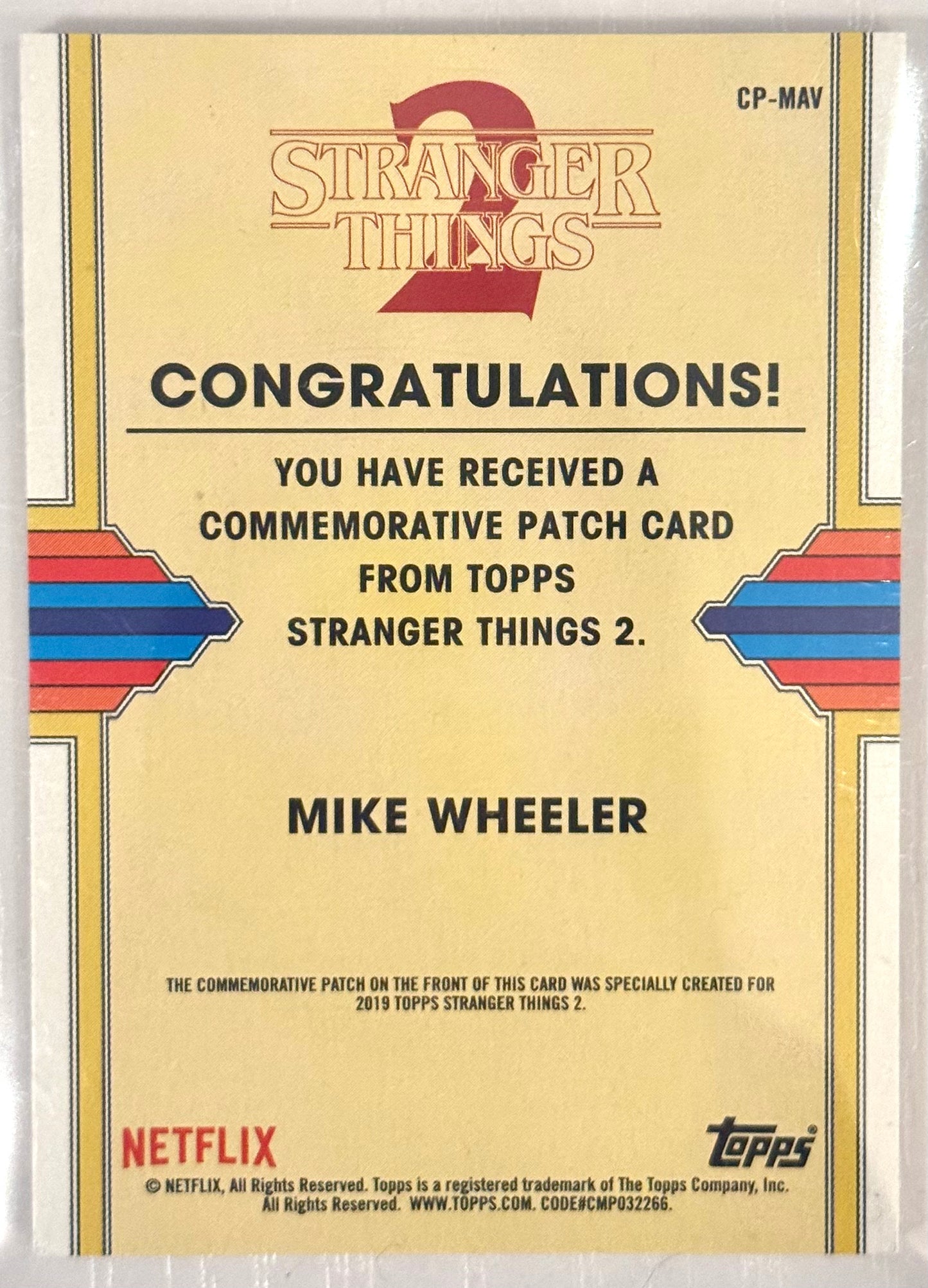 2019 Topps Stranger Things 2 #CP-MAV Mike Wheeler AV Club Patch