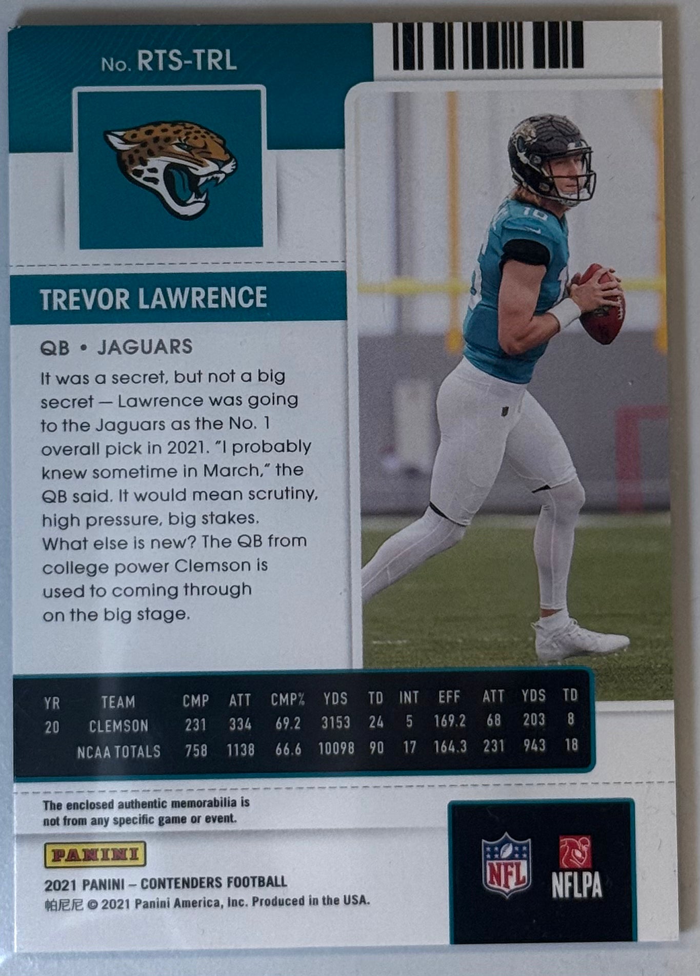 Trevor Lawrence Panini Contenders Rookie Ticket RTS-TRL 2021