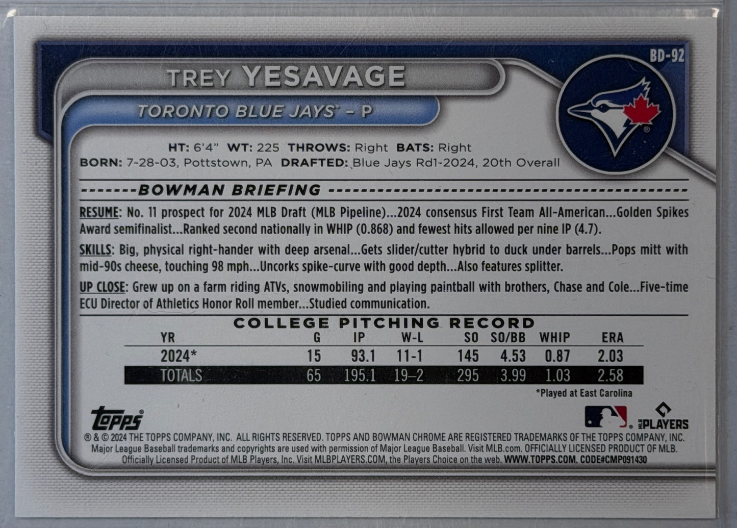 Trey Yesavage Bowman Draft BD-92 2024