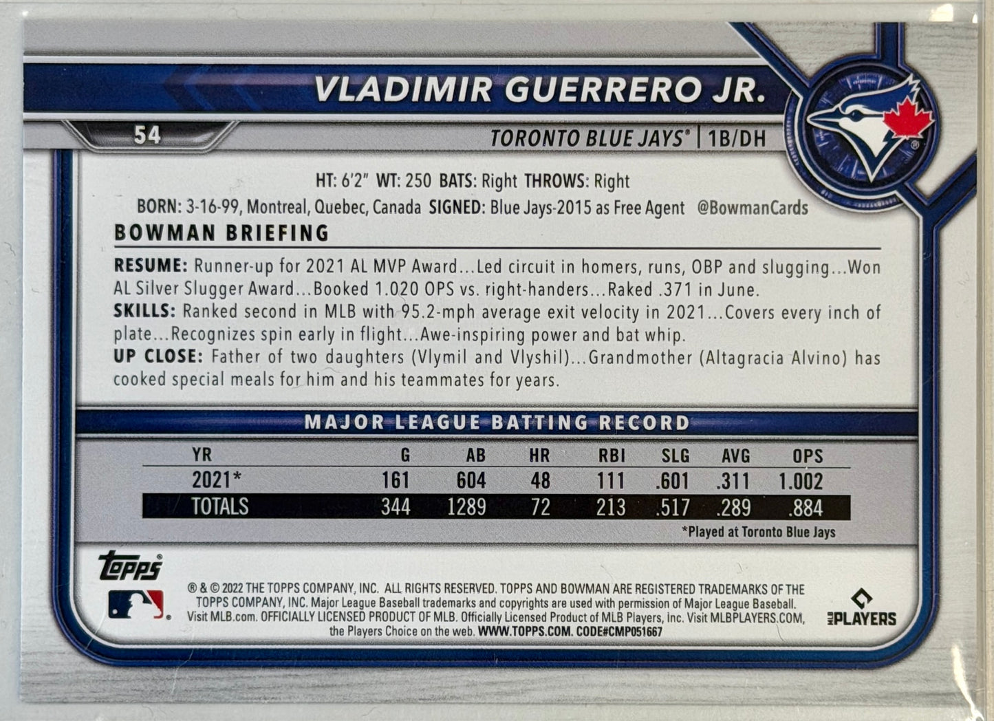 Vladimir Guerrero Jr. Bowman #54 2022