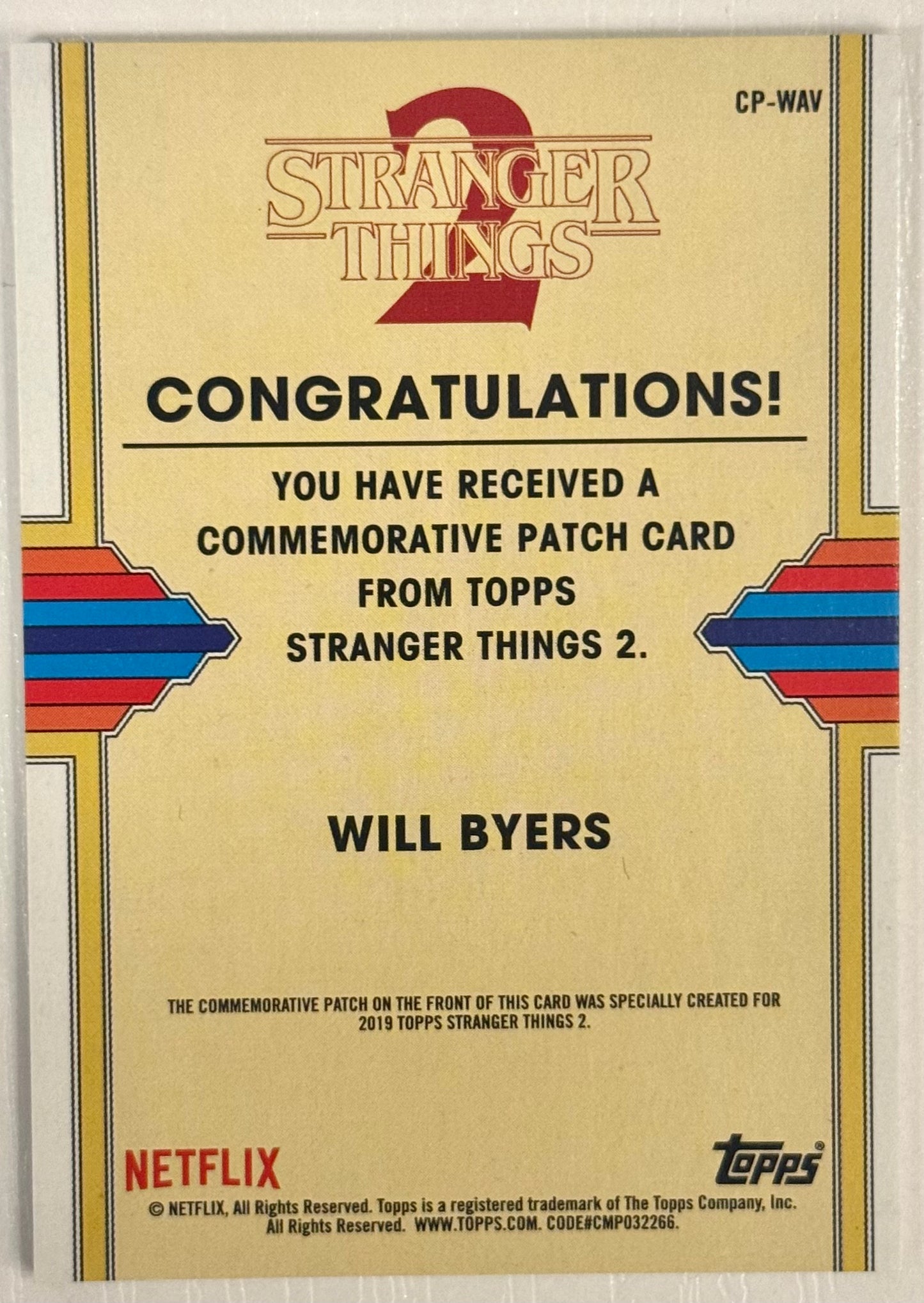 2019 Topps Stranger Things 2 #CP-WAV Will Byers AV Club Patch