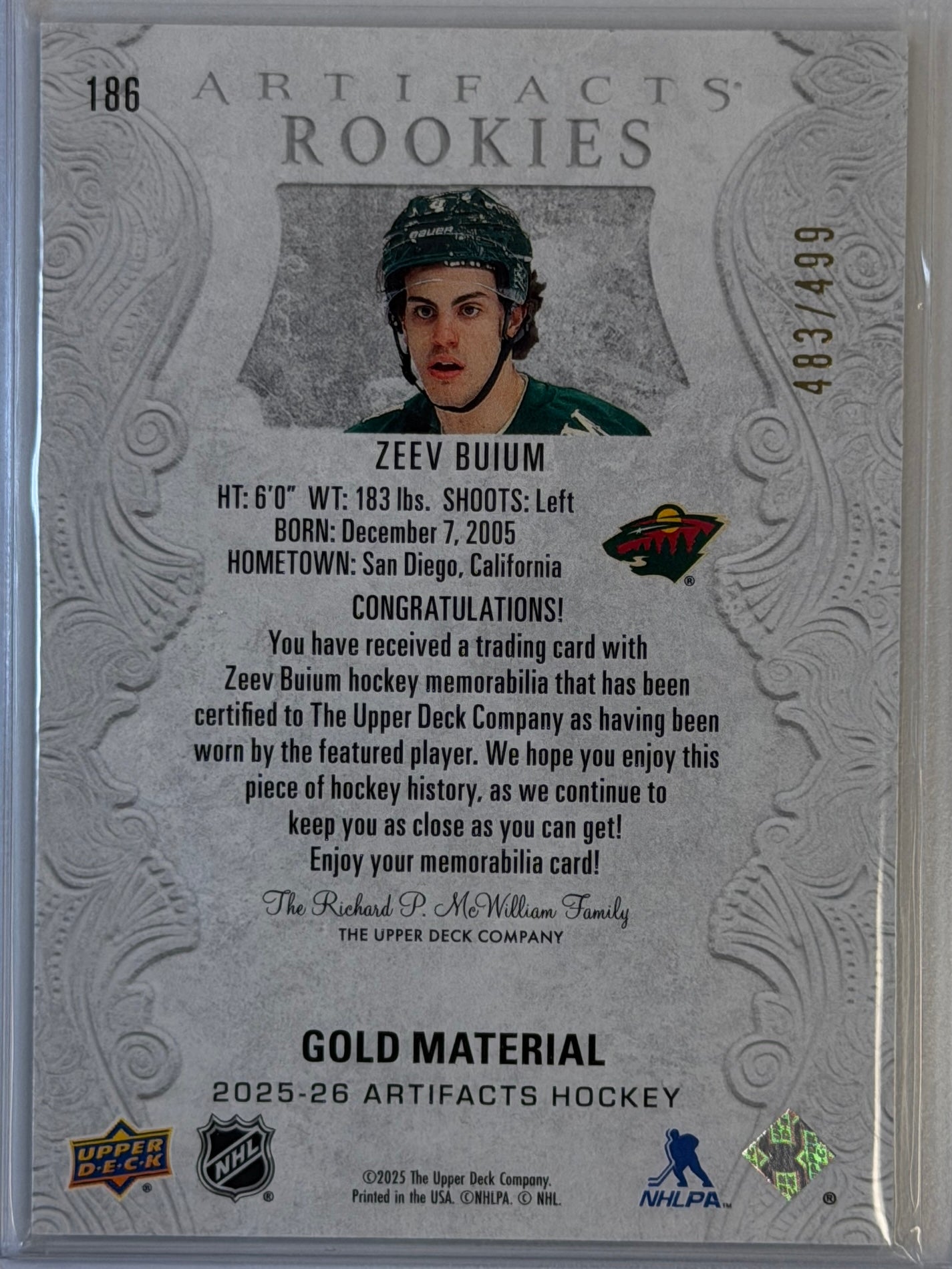 Gold Zeev Buium Limited Upper Deck Artifacts Materials Gold Jersey #483/499