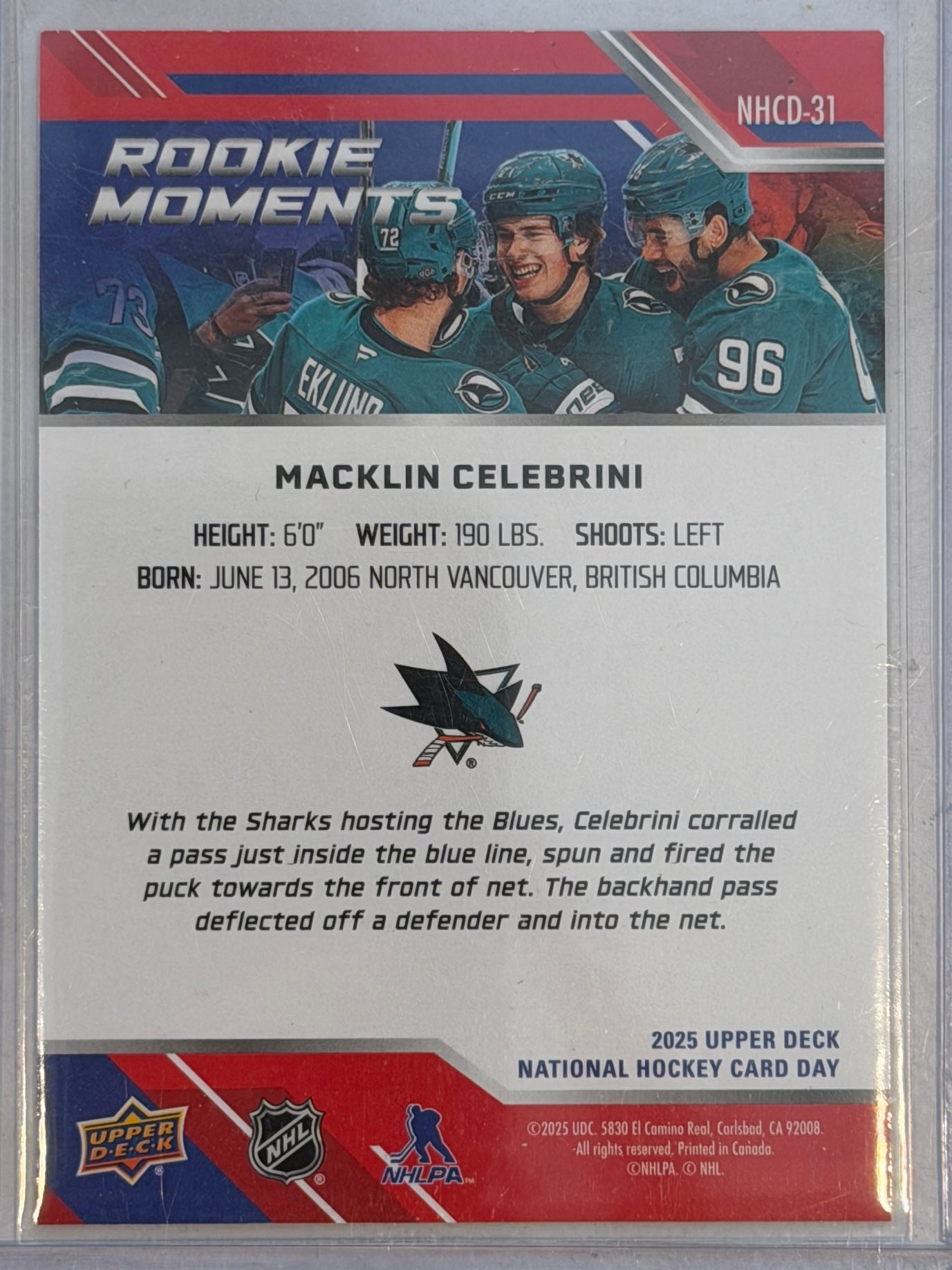 Macklin Celebrini 2025 UD NHCD San Jose Sharks Rookie Moments RC #NHCD-31