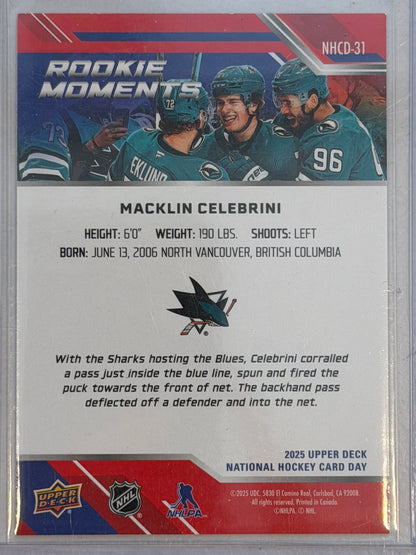 Macklin Celebrini 2025 UD NHCD San Jose Sharks Rookie Moments RC #NHCD-31