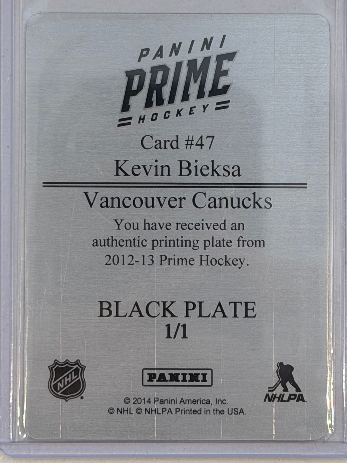 Kevin Bieksa #47 Vancouver Canucks Black Plate 1/1 Panini Prime Hockey