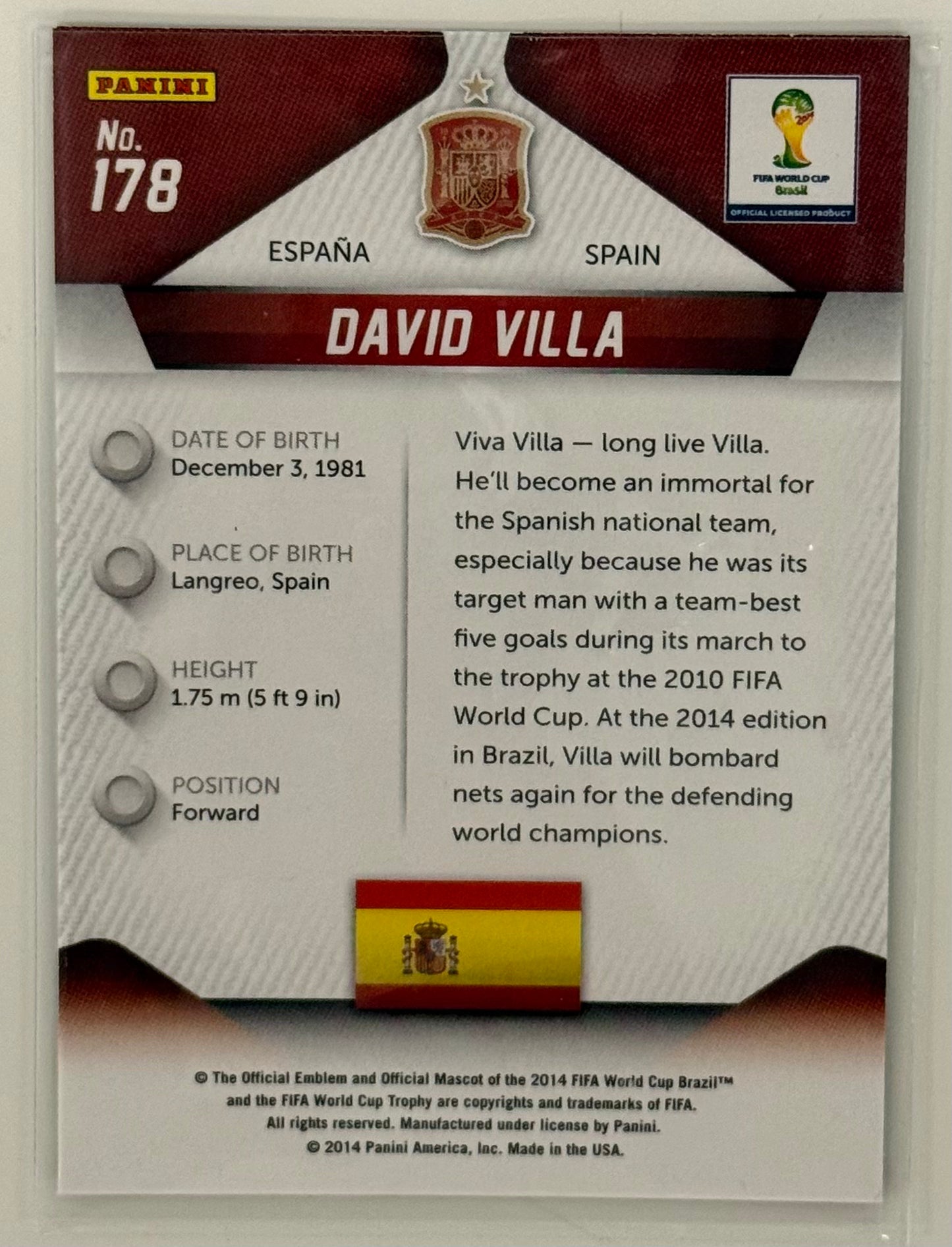 2014 David Villa Team Spain Panini Prizm Brasil '14 FIFA World Cup #178