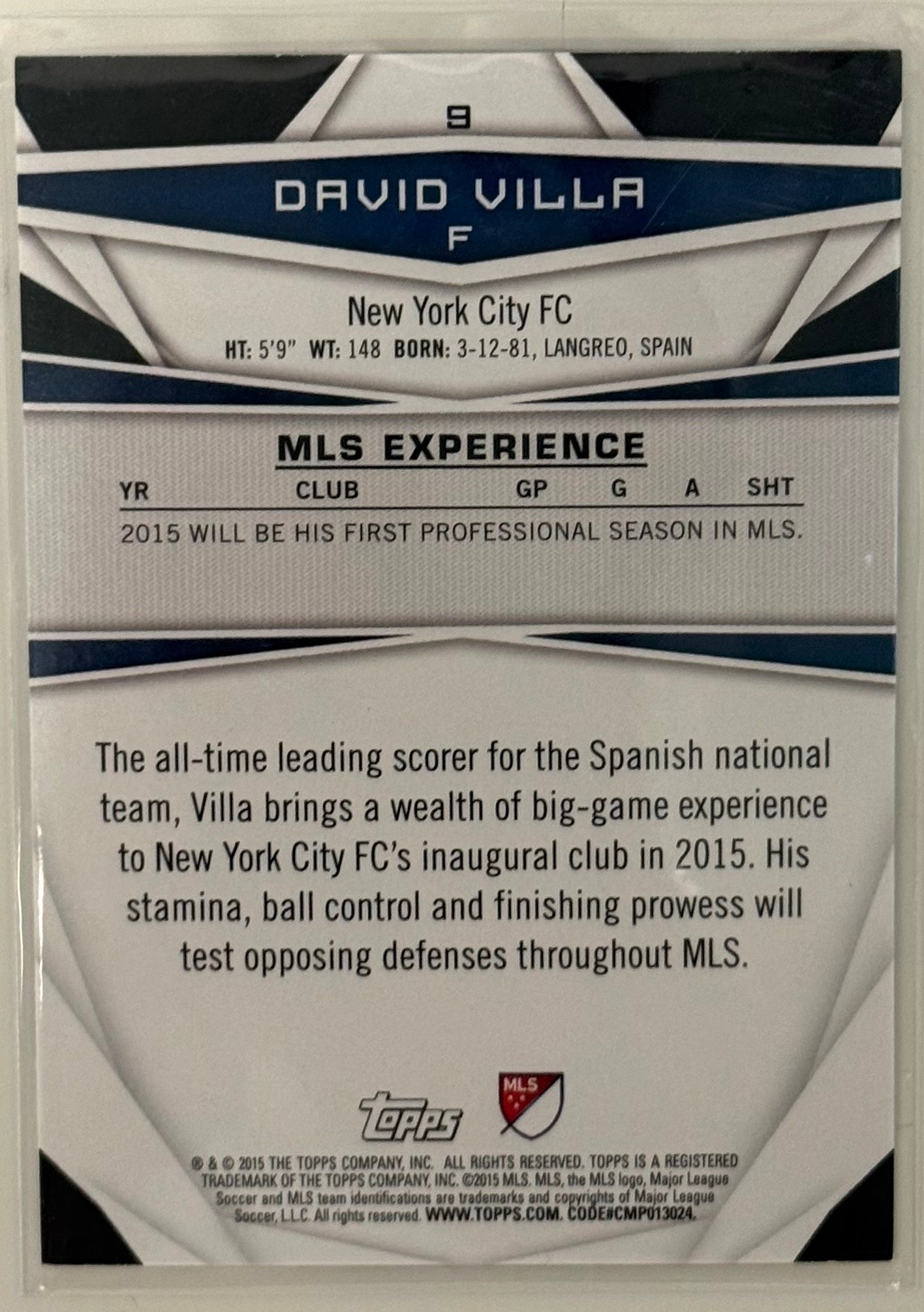 2015 David Villa NYC FC Topps #9 RC