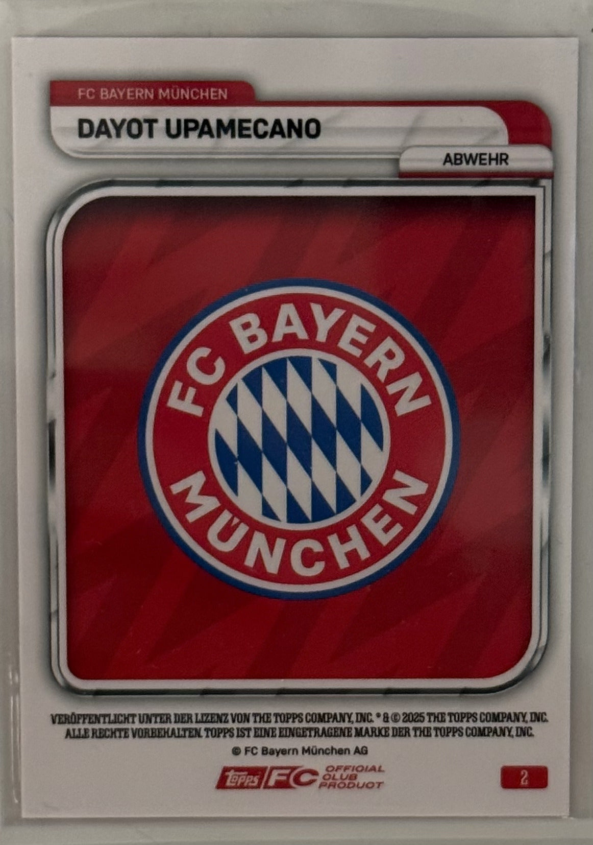 2025 Dayot Upamecano FC Bayern Topps #2 Limited 167/250