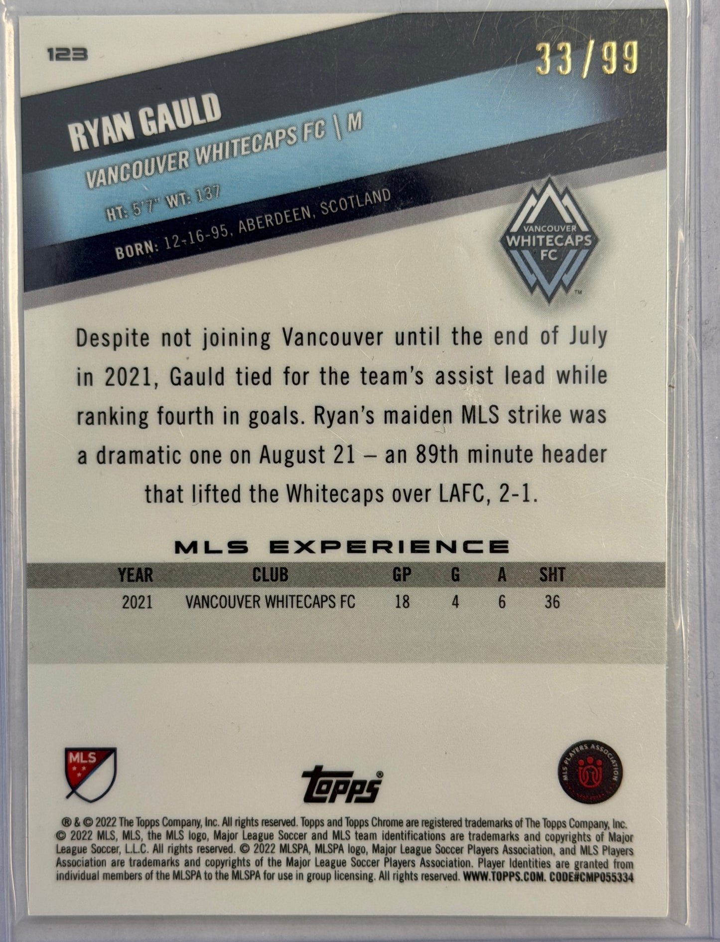 Ryan Gauld RC Topps Chrome Whitecaps FC #123 2022 - GREEN