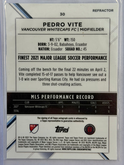Pedro Vite Topps MLS Finest Refractor Auto RC #30 2022