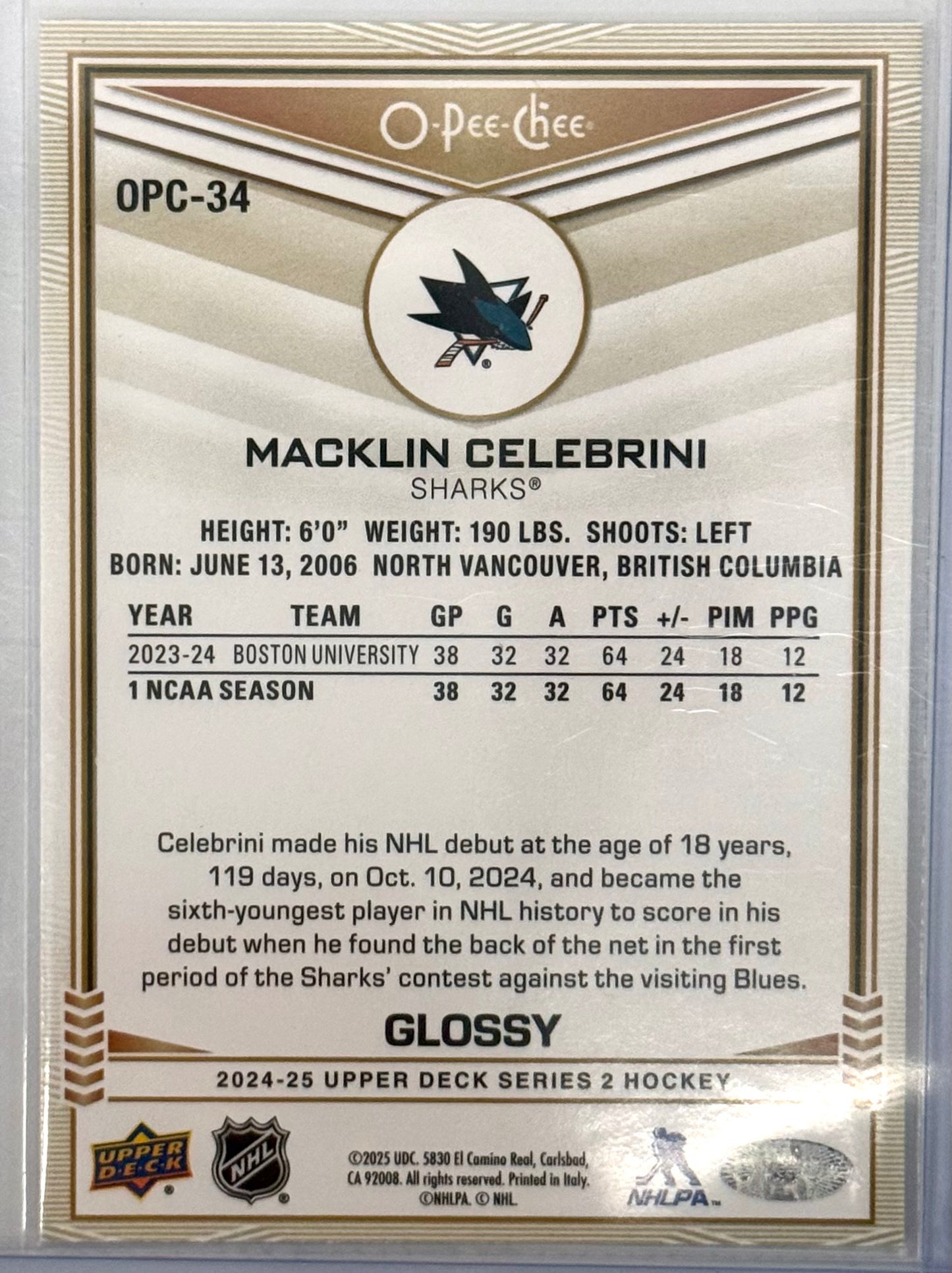 Macklin Celebrini 2024-25 UD Series 2 O-Pee-Chee Glossy Rookie #OPC-34
