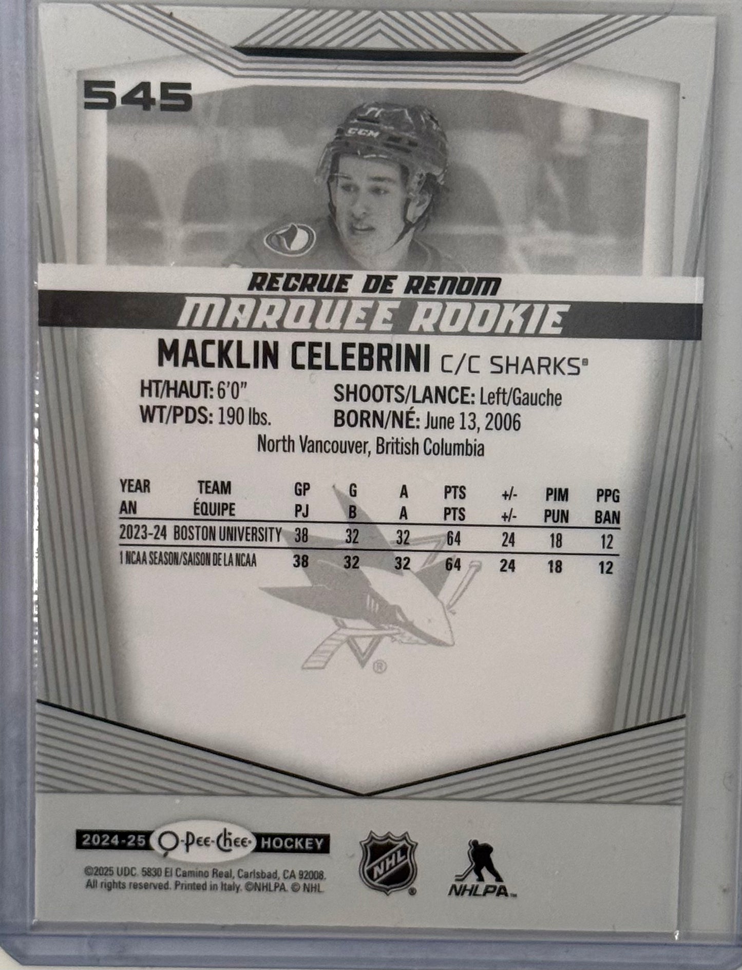 2024-25 O-Pee-Chee - Marquee Rookie Macklin Celebrini #545 (RC)