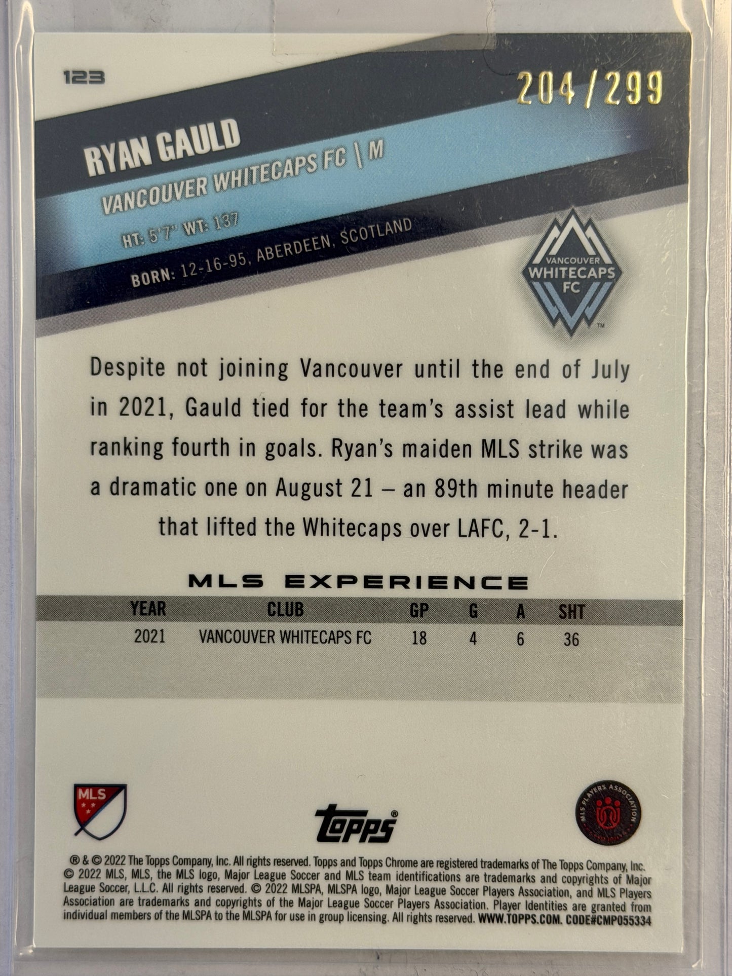 Ryan Gauld RC Topps Chrome Whitecaps FC #123 2022 - TEAL