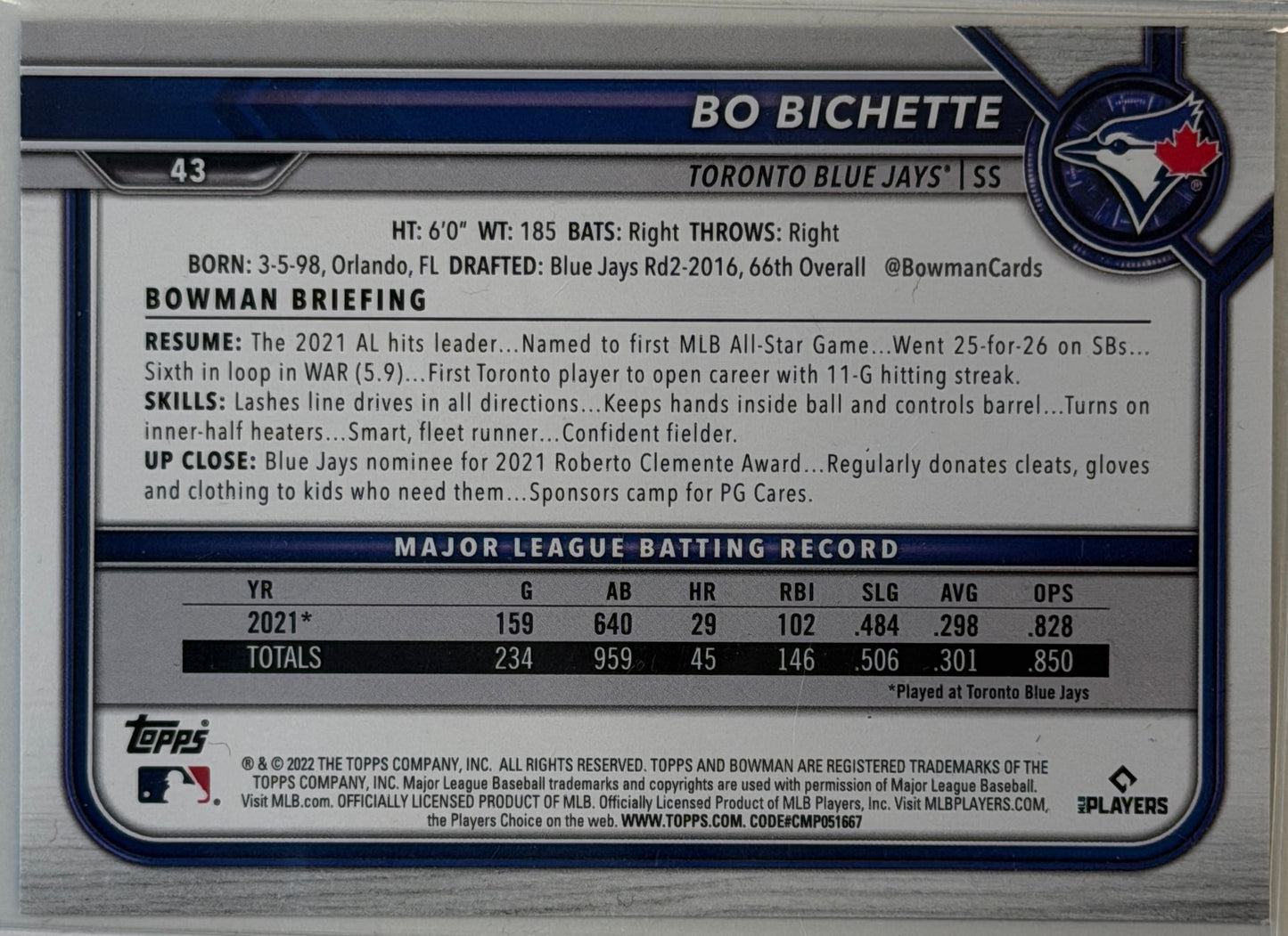 Bo Bichette Bowman #43 2022
