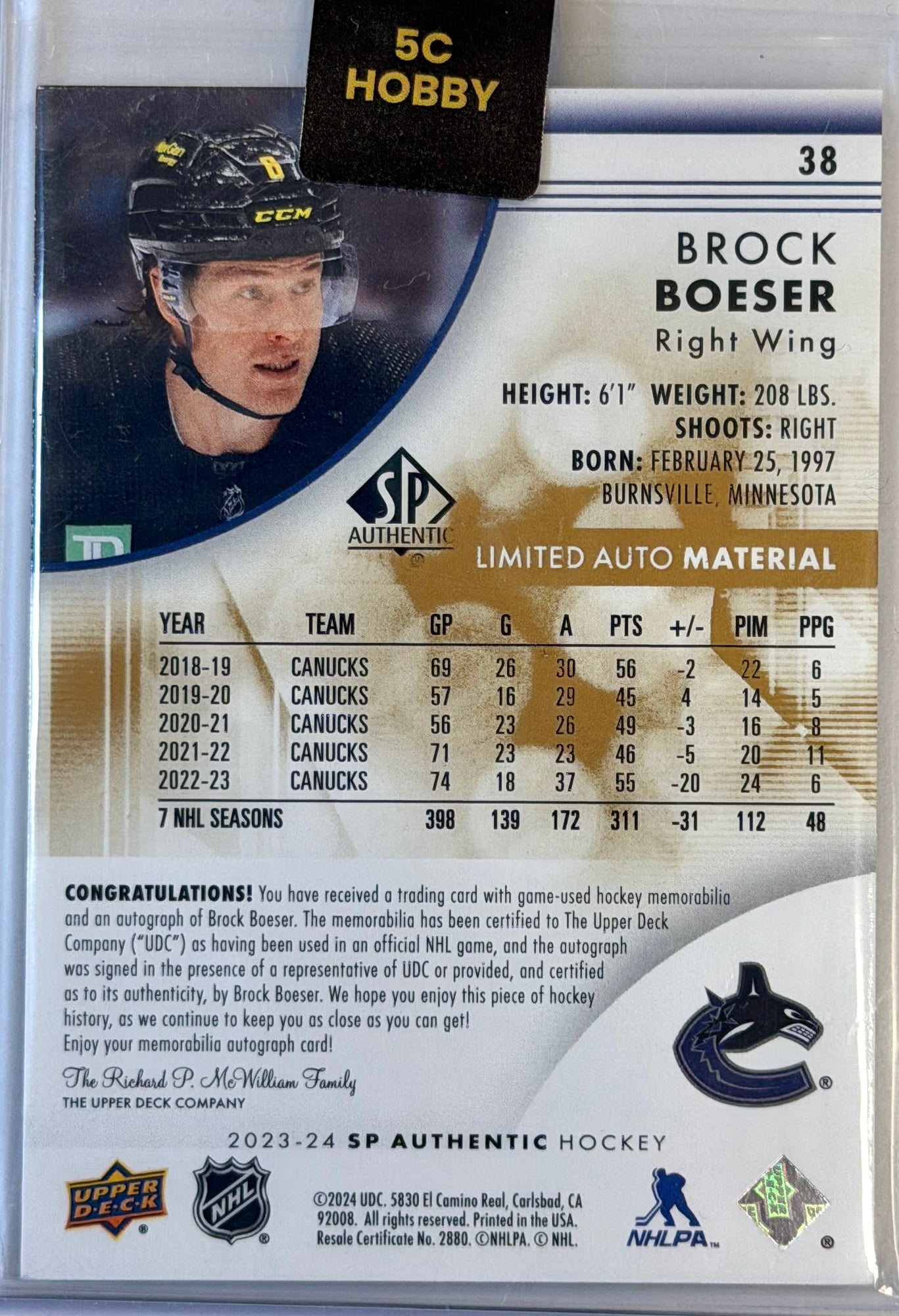Brock Boeser Upper Deck Authentic Autographed with Patch #38 2024
