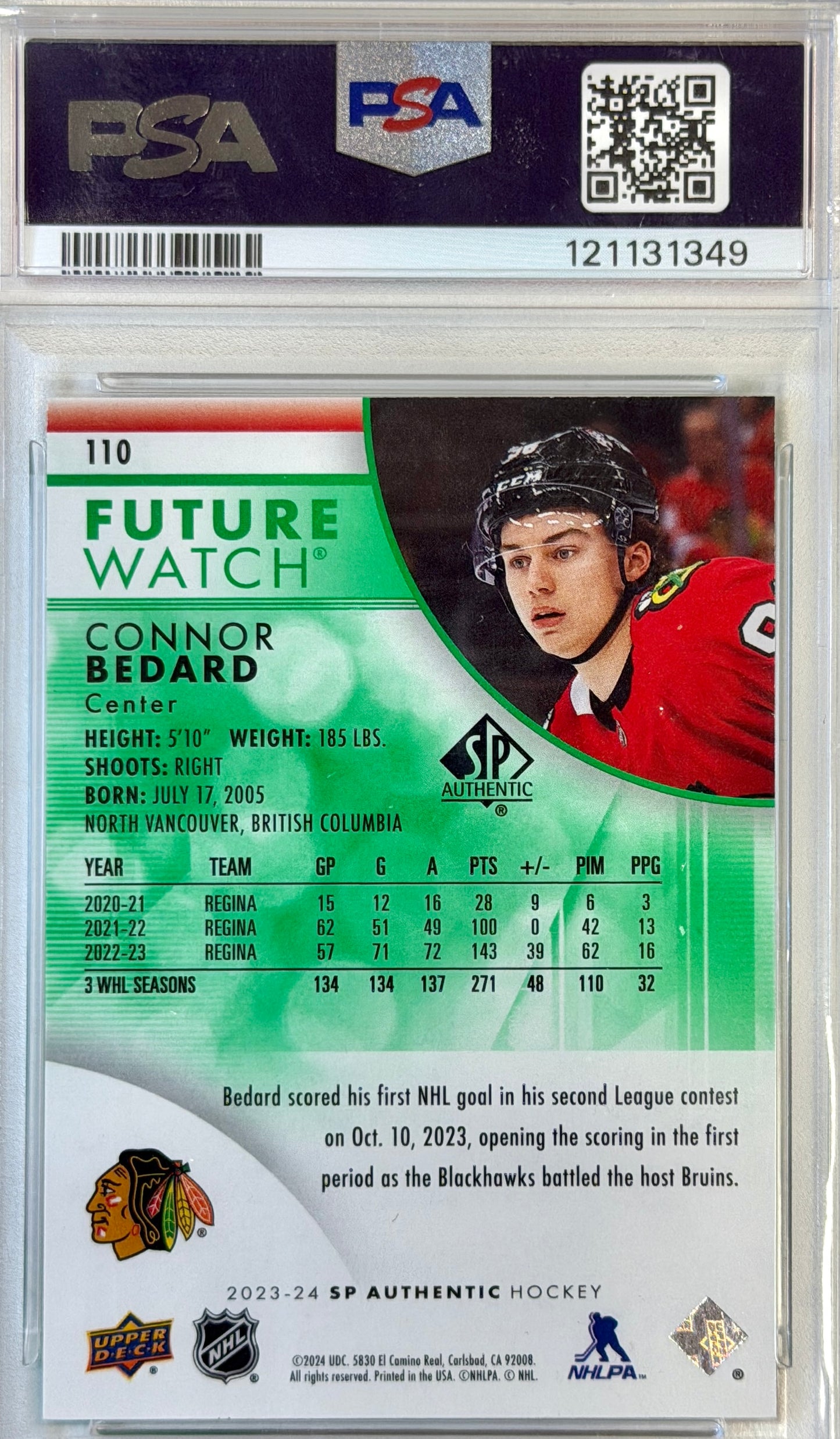 Connor Bedard Future Watch Rookie Authentic PSA 9 #110 2023-2024