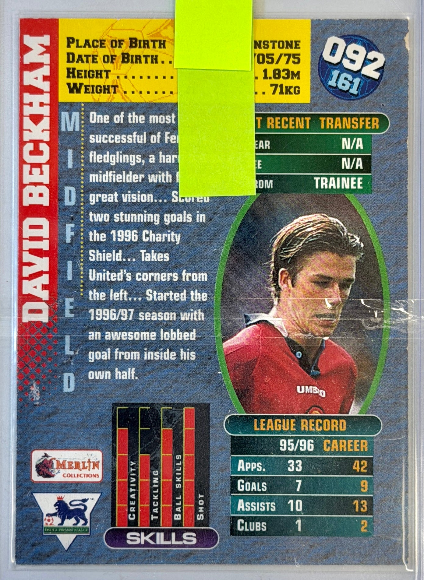 David Beckham Merlin Premier Gold Foil #092-161 1996-1997
