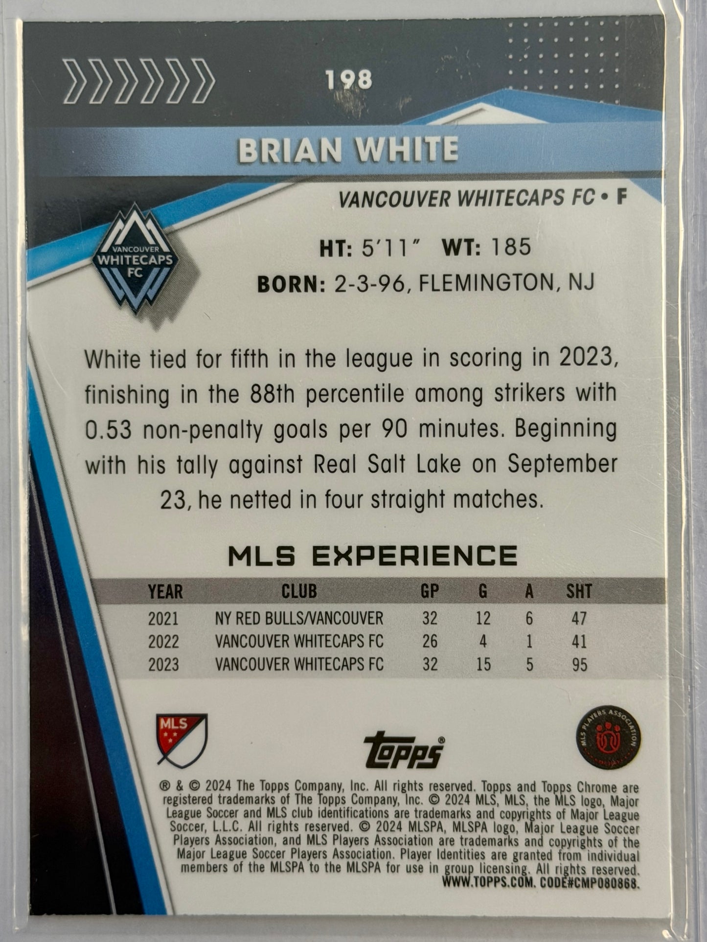 Brian White Topps Chrome Whitecaps FC #198 2024 - TEAL