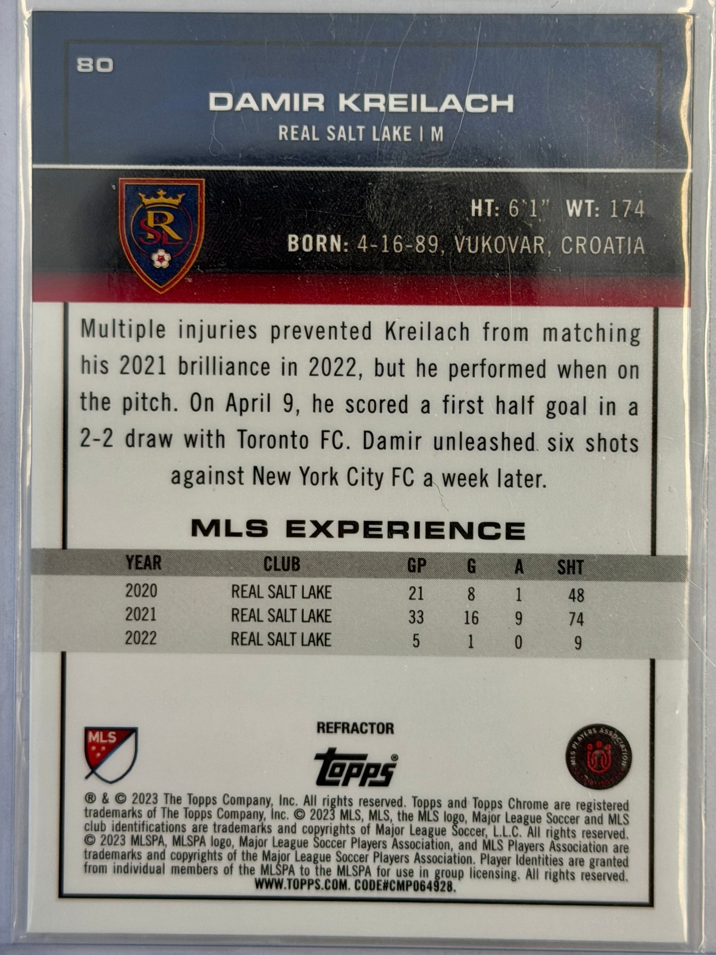 Damir Kreilach Topps Chrome Real Salt Lake #80 2023 Autographed