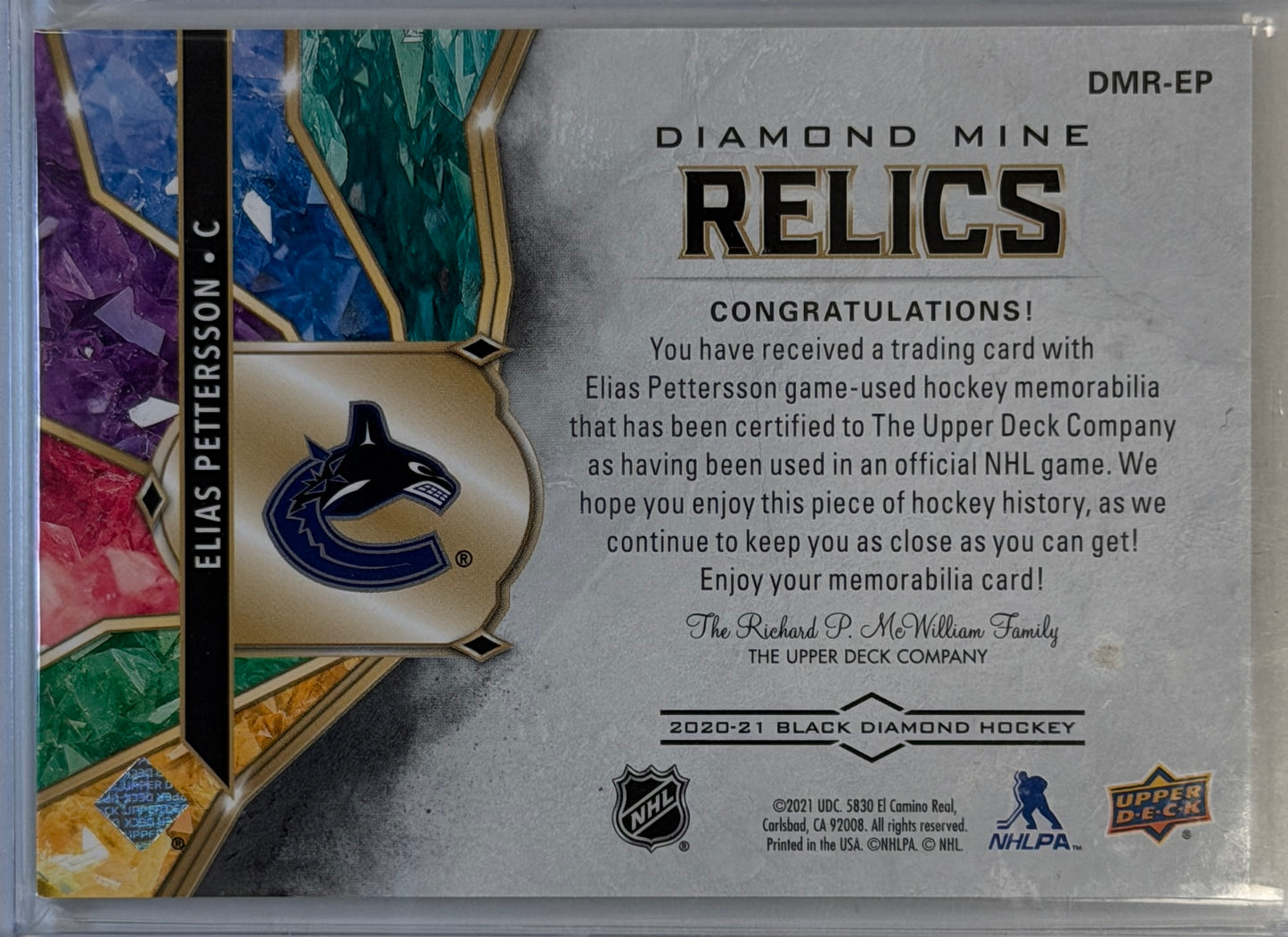 Elias Pettersson Upper Deck Black Diamond Mine Relic #99 2019-2020