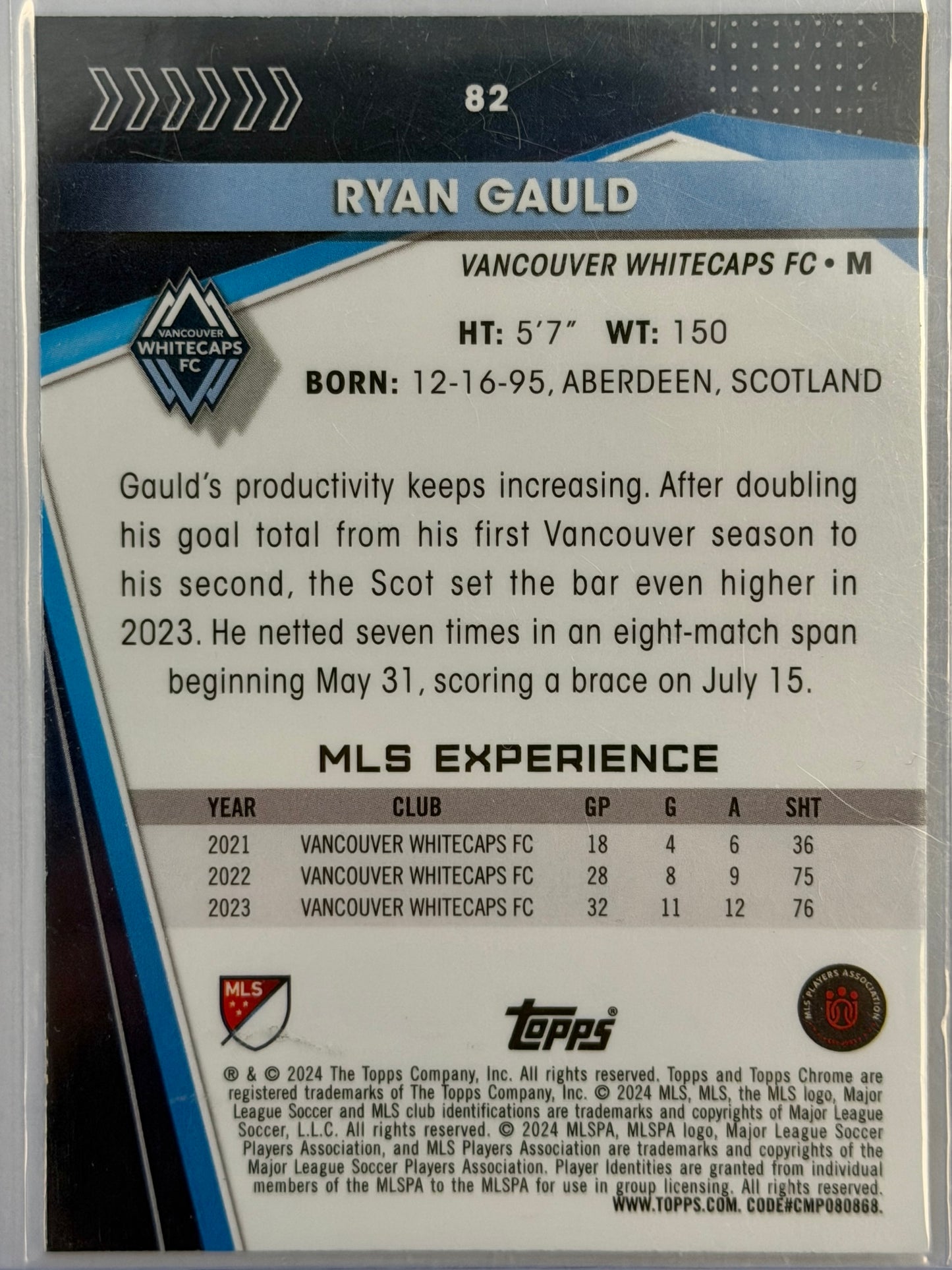 Ryan Gauld Topps Chrome Whitecaps FC #82 2024 - TEAL