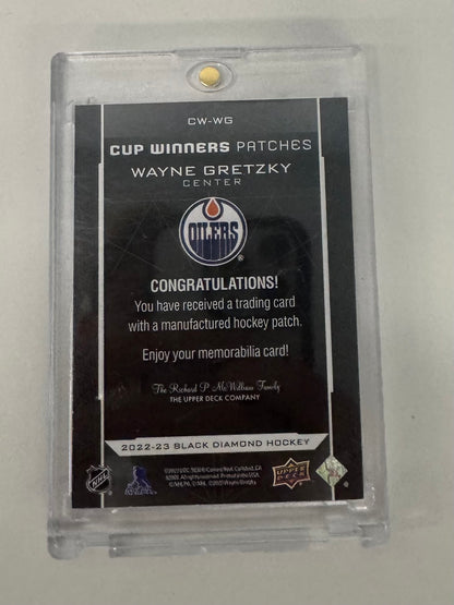 2022-23 Upper Deck Black Diamond Hockey Wayne Gretzky Edmonton Oilers Cup Winners Patches #CW-WG — 1984-85 Stanley Cup, Manufactured Patch