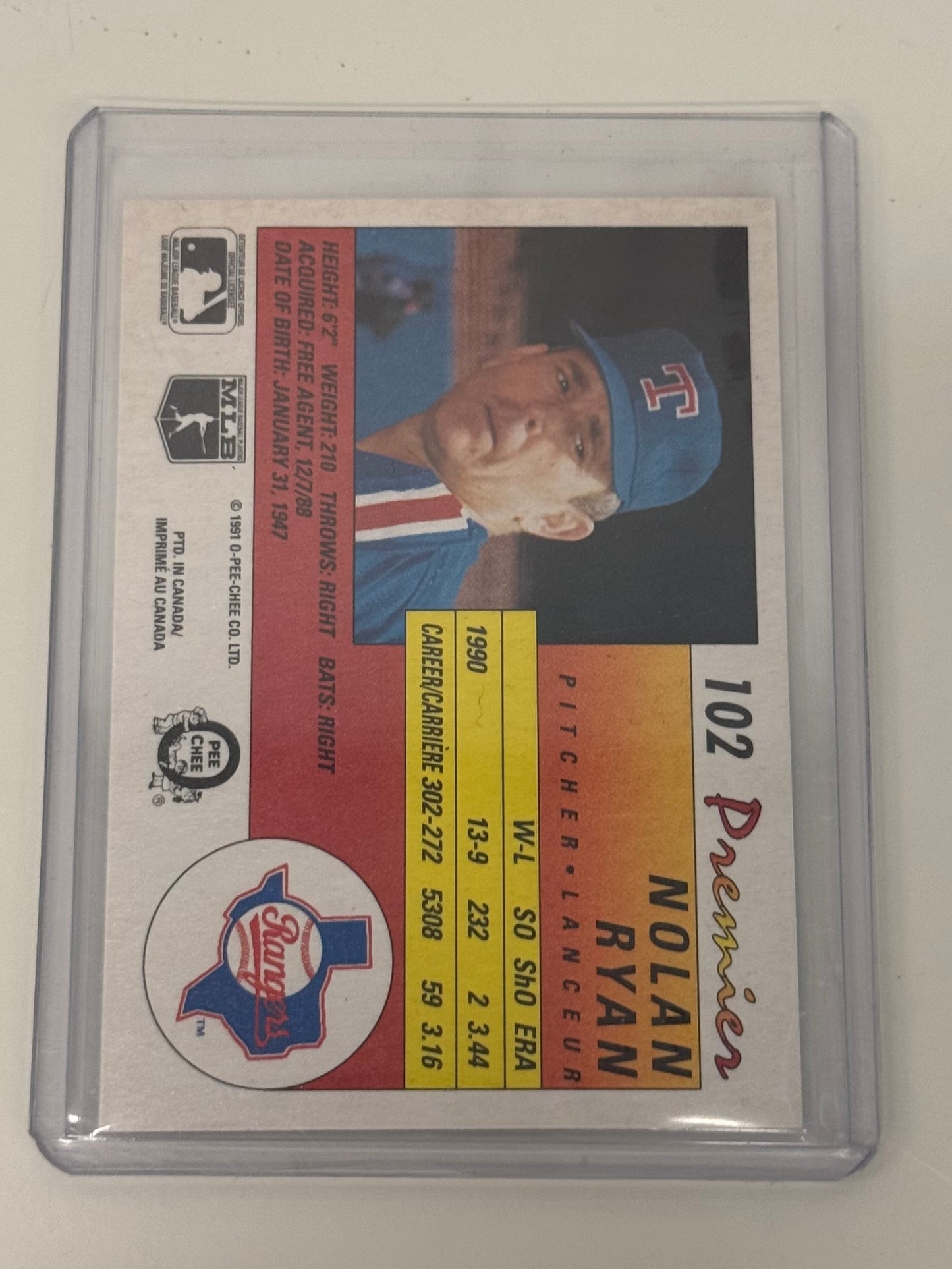 1991 O-Pee-Chee Premier Nolan Ryan Texas Rangers #102 — 7th Career No-Hitter Commemorative, Hall of Fame Pitcher
