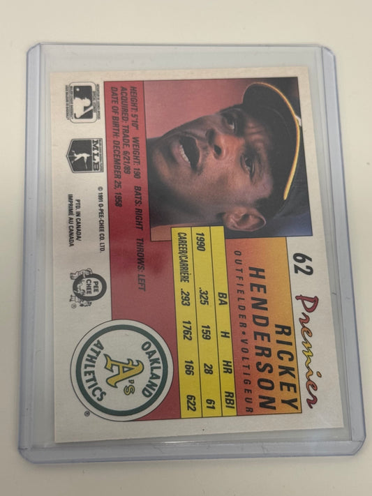 1991 O-Pee-Chee Premier Rickey Henderson Oakland Athletics #62 — 939th Stolen Base Commemorative