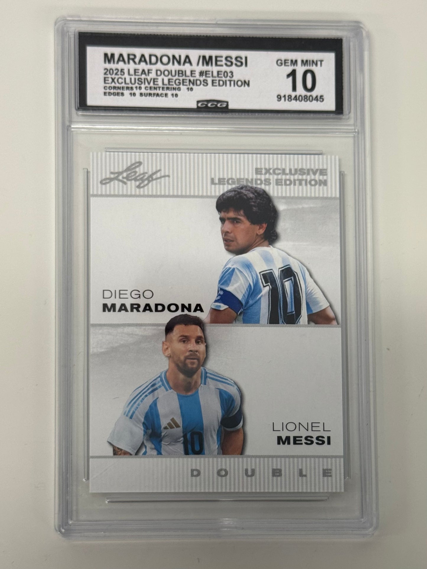 2025 Leaf Double Exclusive Legends Edition Diego Maradona / Lionel Messi #ELE-03 — CCG Gem Mint 10