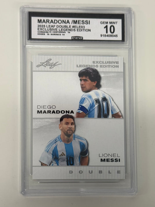 2025 Leaf Double Exclusive Legends Edition Diego Maradona / Lionel Messi #ELE-03 — CCG Gem Mint 10