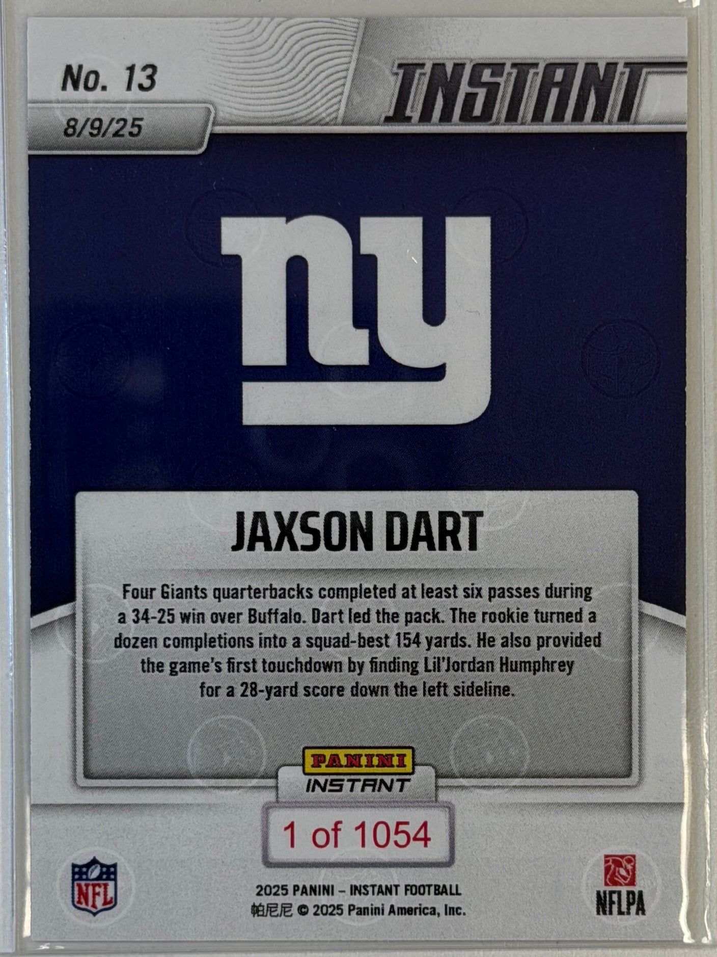 Jaxson Dart Panini Instant Debut RC #13 2025