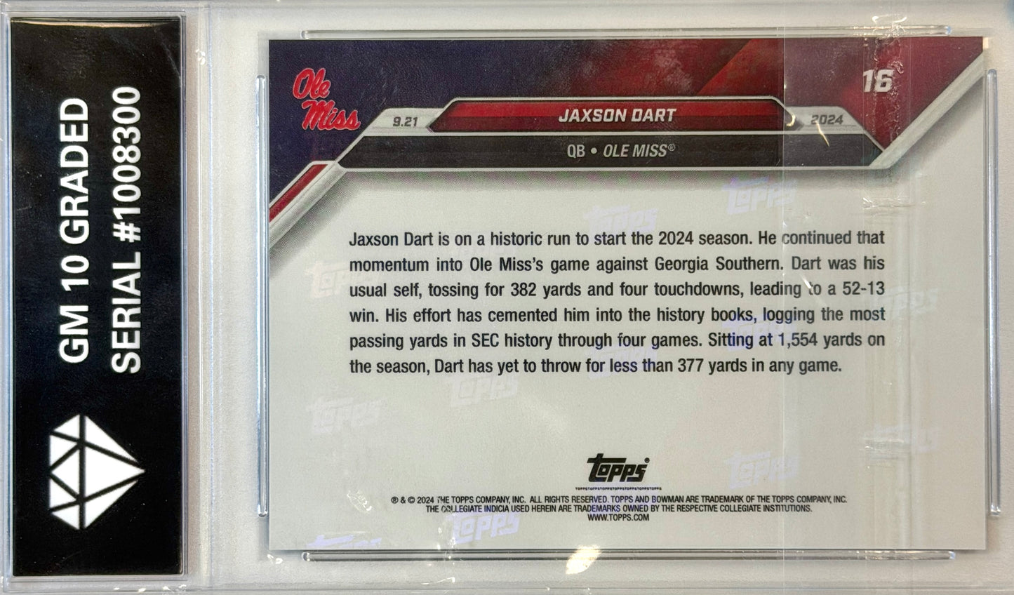 Jaxson Dart Bowman U NOW Rookie Card GEM-MT10 #16 2024